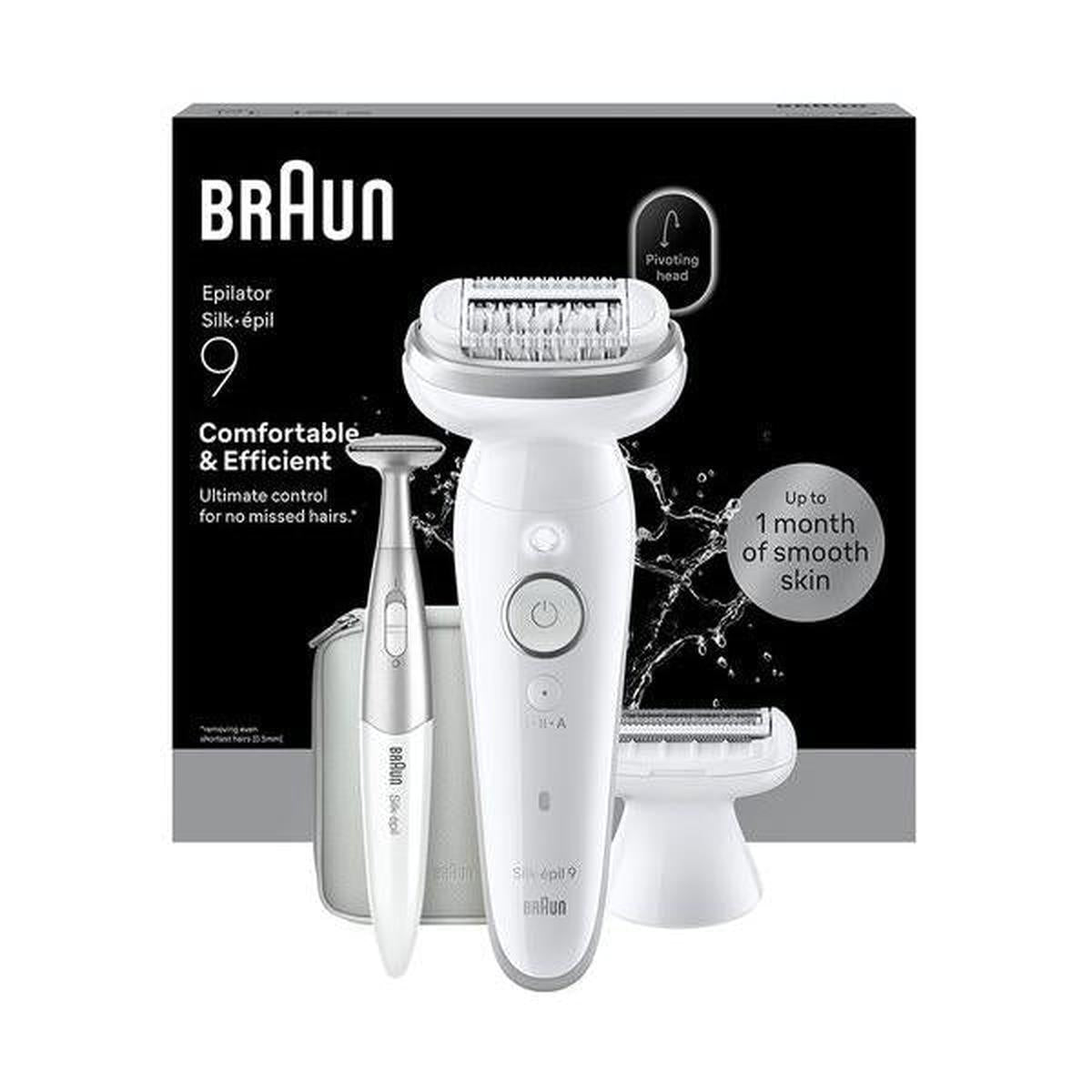 Braun Silk-épil 9 silver wet and dry epilator with pivoting head, shaver attachment, and storage pouch in retail packaging.
