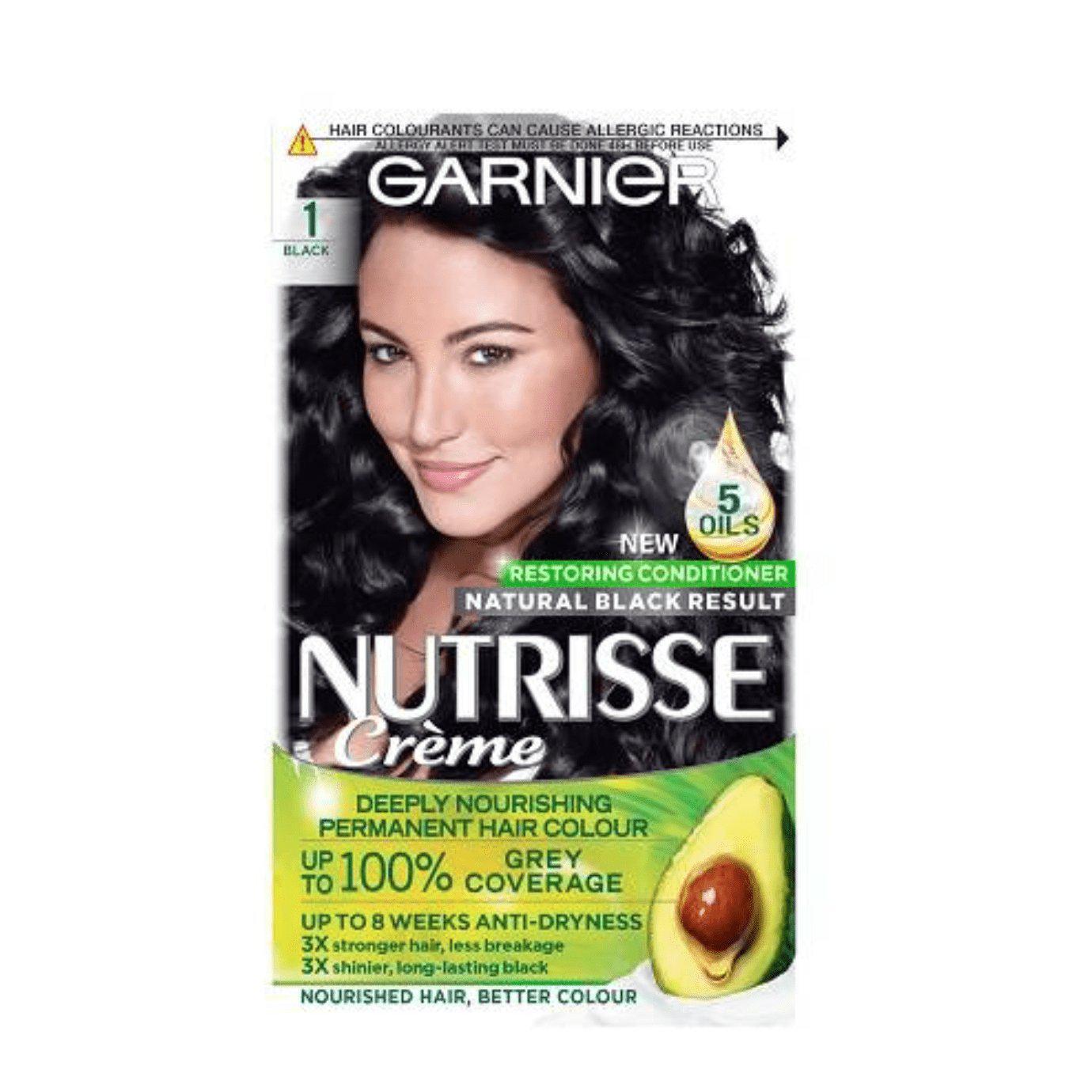 Garnier Nutrisse Permanent Hair Dye - 100% Grey Hair Coverage - Black 1 - Healthxpress.ie