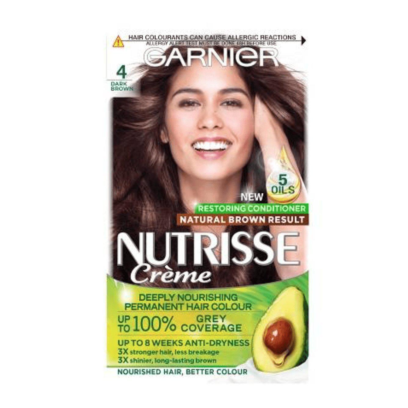 Garnier Nutrisse Permanent Hair Dye - 100% Grey Hair Coverage - Dark Brown 4 - Healthxpress.ie