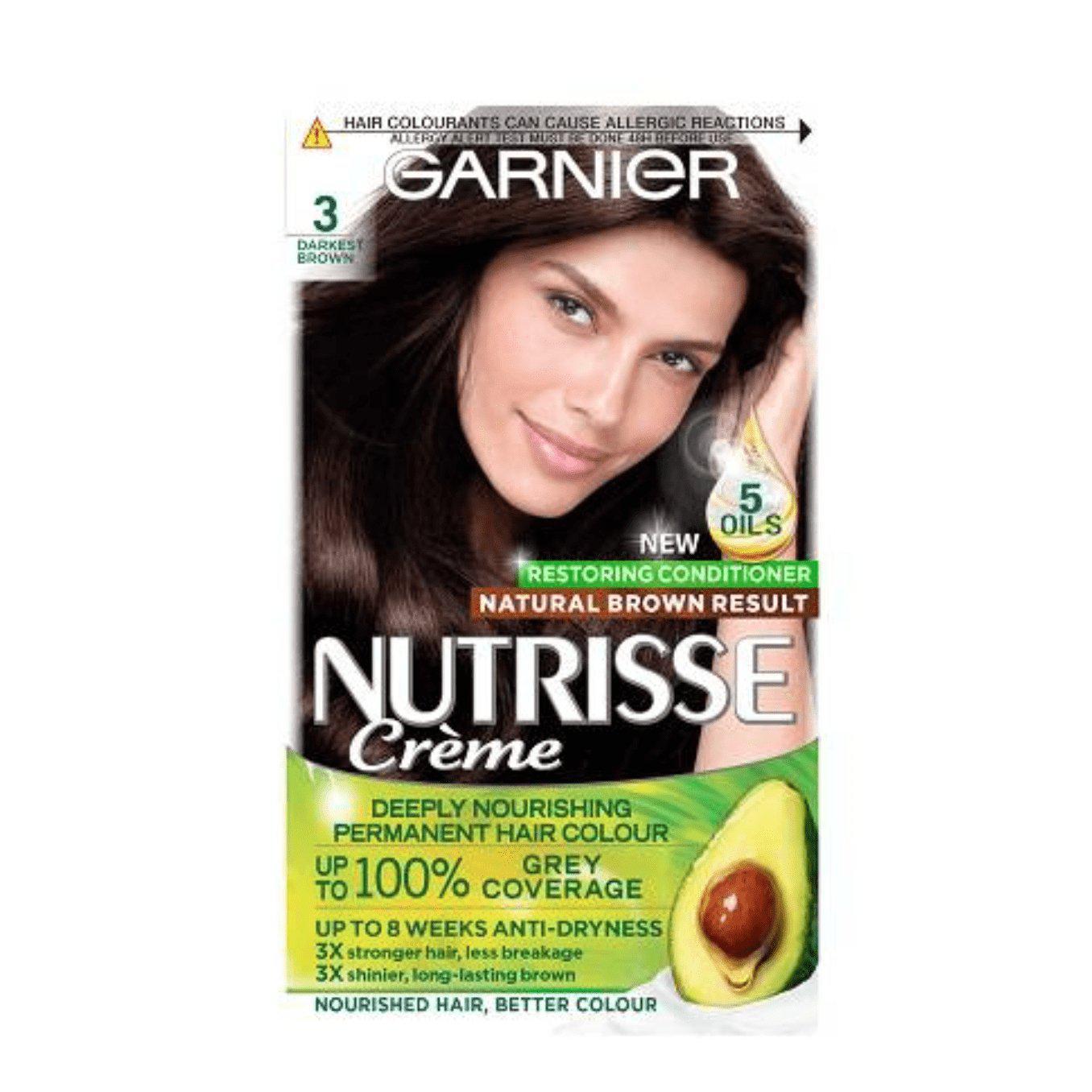 Garnier Nutrisse Permanent Hair Dye - 100% Grey Hair Coverage - Darkest Brown 3 - Healthxpress.ie