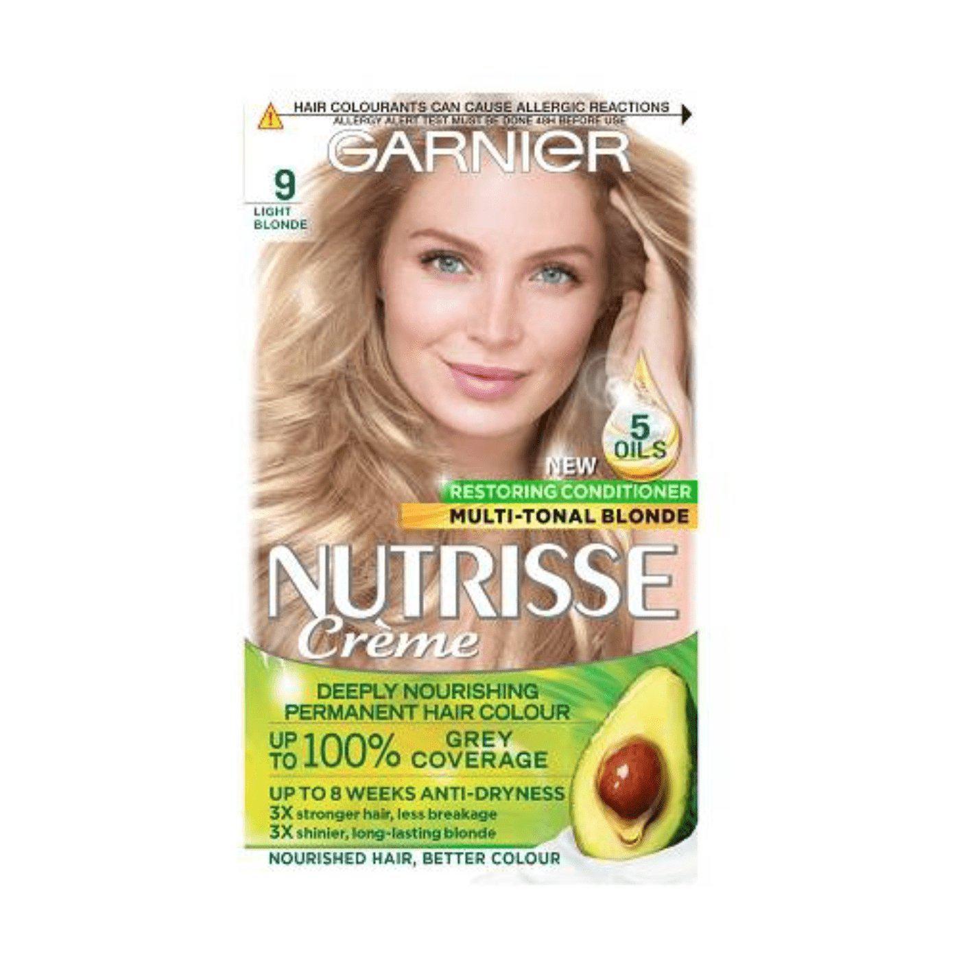 Garnier Nutrisse Permanent Hair Dye - 100% Grey Hair Coverage - Light Blonde 9 - Healthxpress.ie