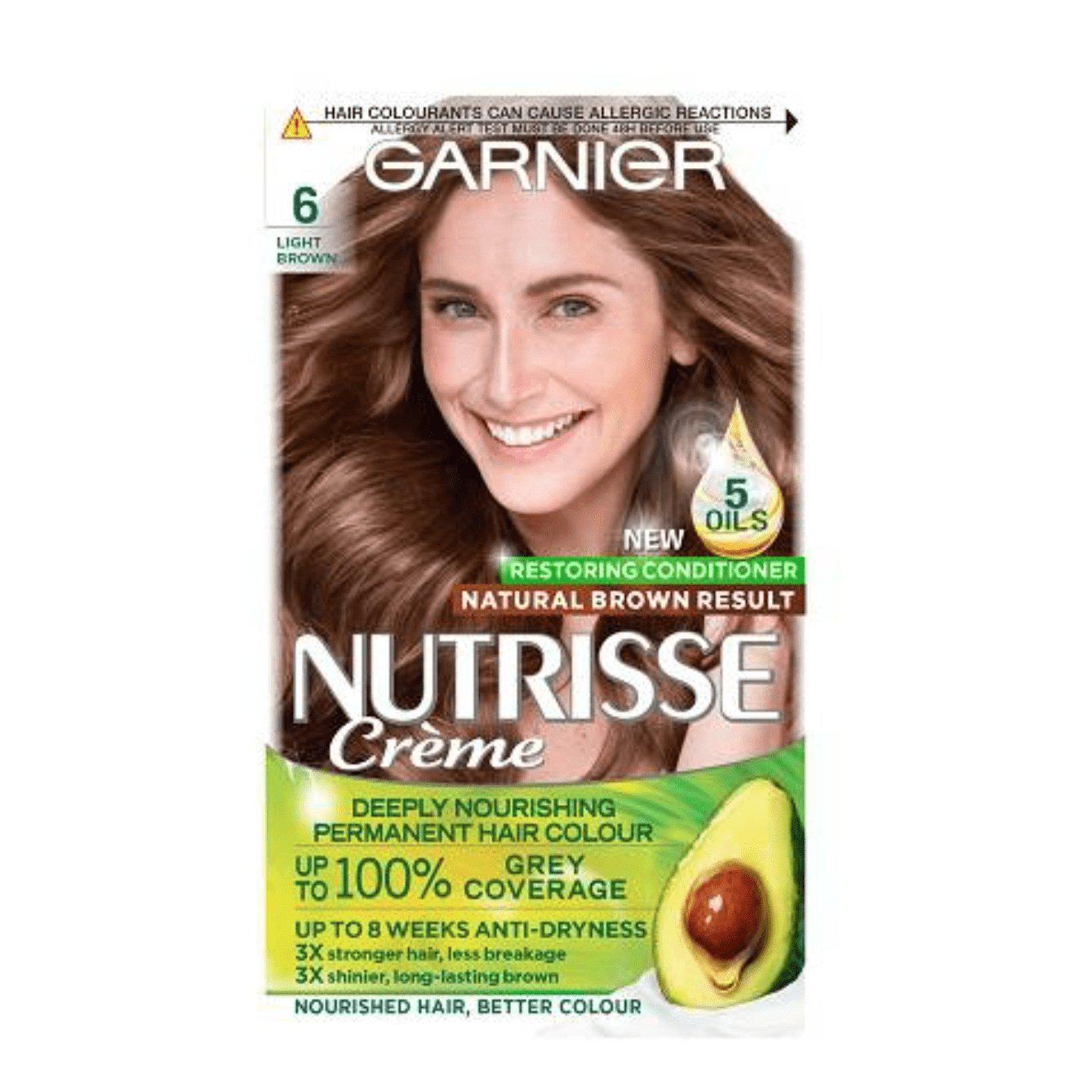 Garnier Nutrisse Permanent Hair Dye - 100% Grey Hair Coverage - Light Brown 6 - Healthxpress.ie
