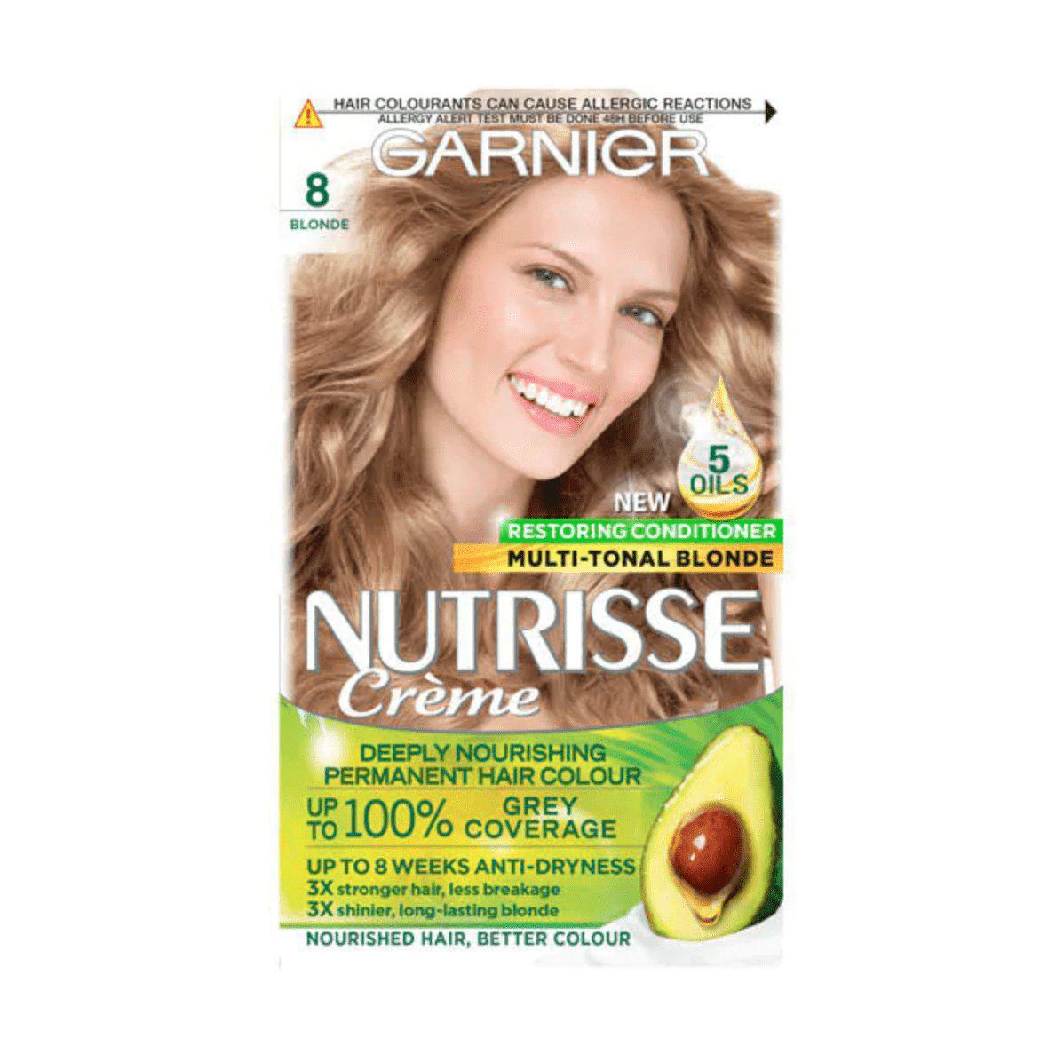 Garnier Nutrisse Permanent Hair Dye - 100% Grey Hair Coverage - Medium Blonde 8 - Healthxpress.ie