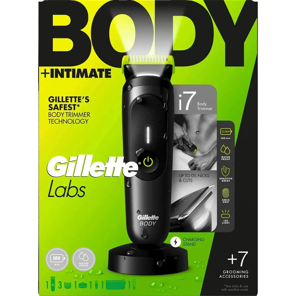 Gillette Labs i7 black body and intimate trimmer with a lime green blade head, charging stand, and LED spotlight on packaging.