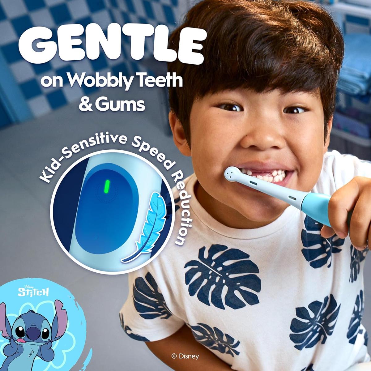 Child brushing teeth with a blue Oral-B iO Disney Stitch electric toothbrush featuring a kid-sensitive speed mode.
