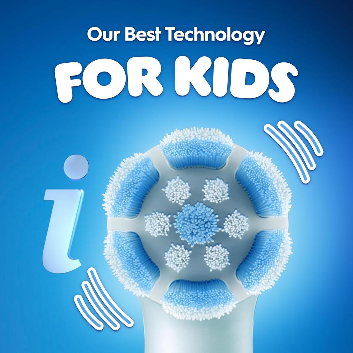 Oral-B iO Kids electric toothbrush head with blue and white soft bristles on a blue background with motion lines.