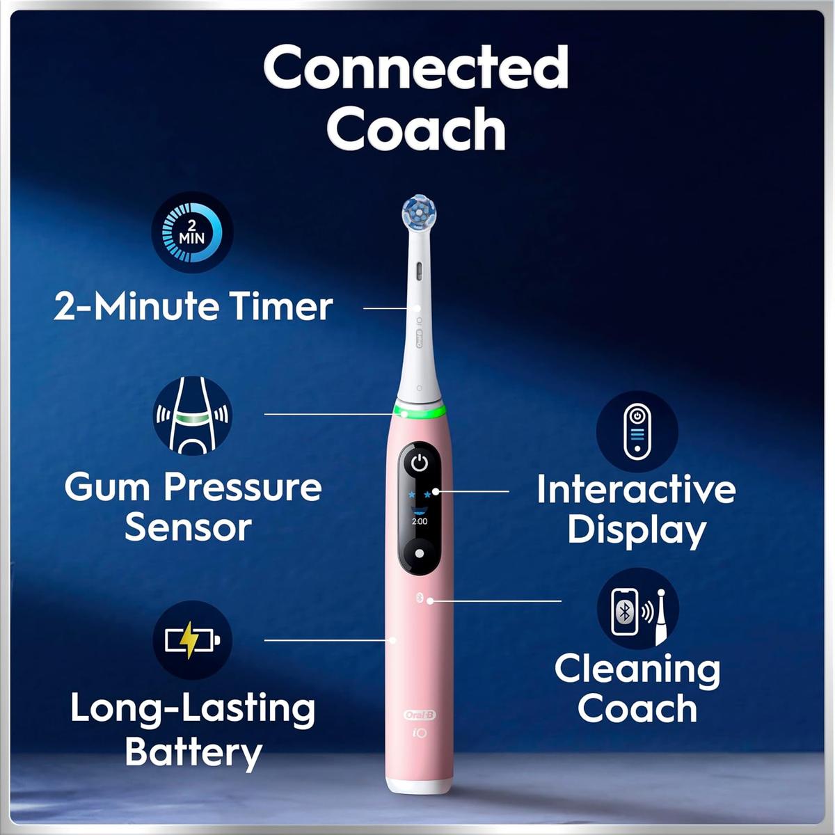 Pink Sand Oral-B iO6 electric toothbrush with interactive display, pressure sensor, and app-connected coaching features.
