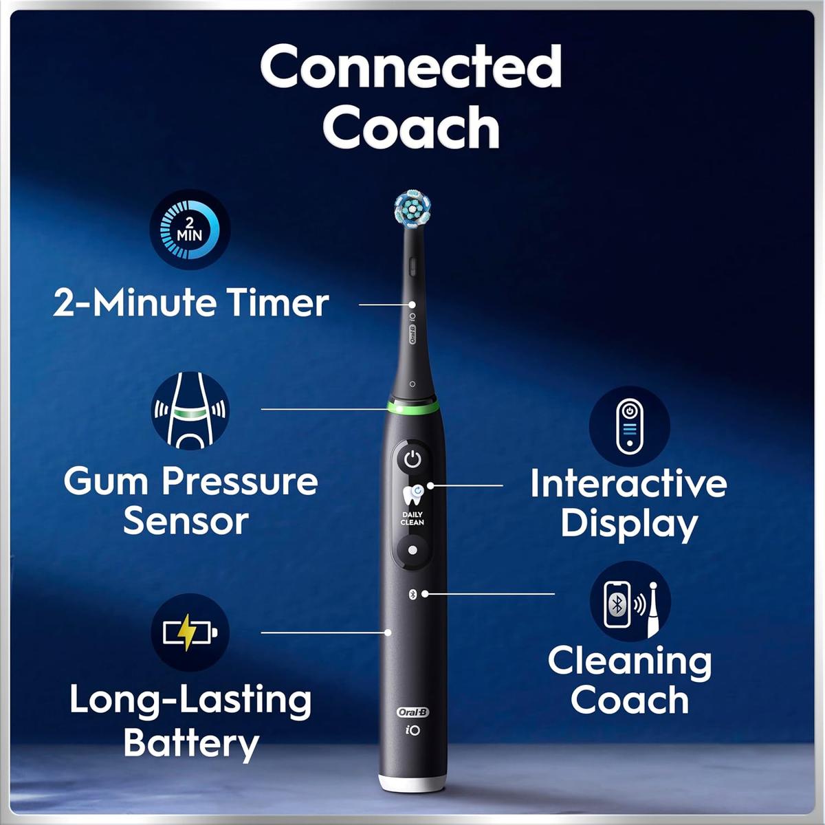 Black Lava Oral-B iO6 electric toothbrush featuring an interactive display, pressure sensor, and app connectivity.