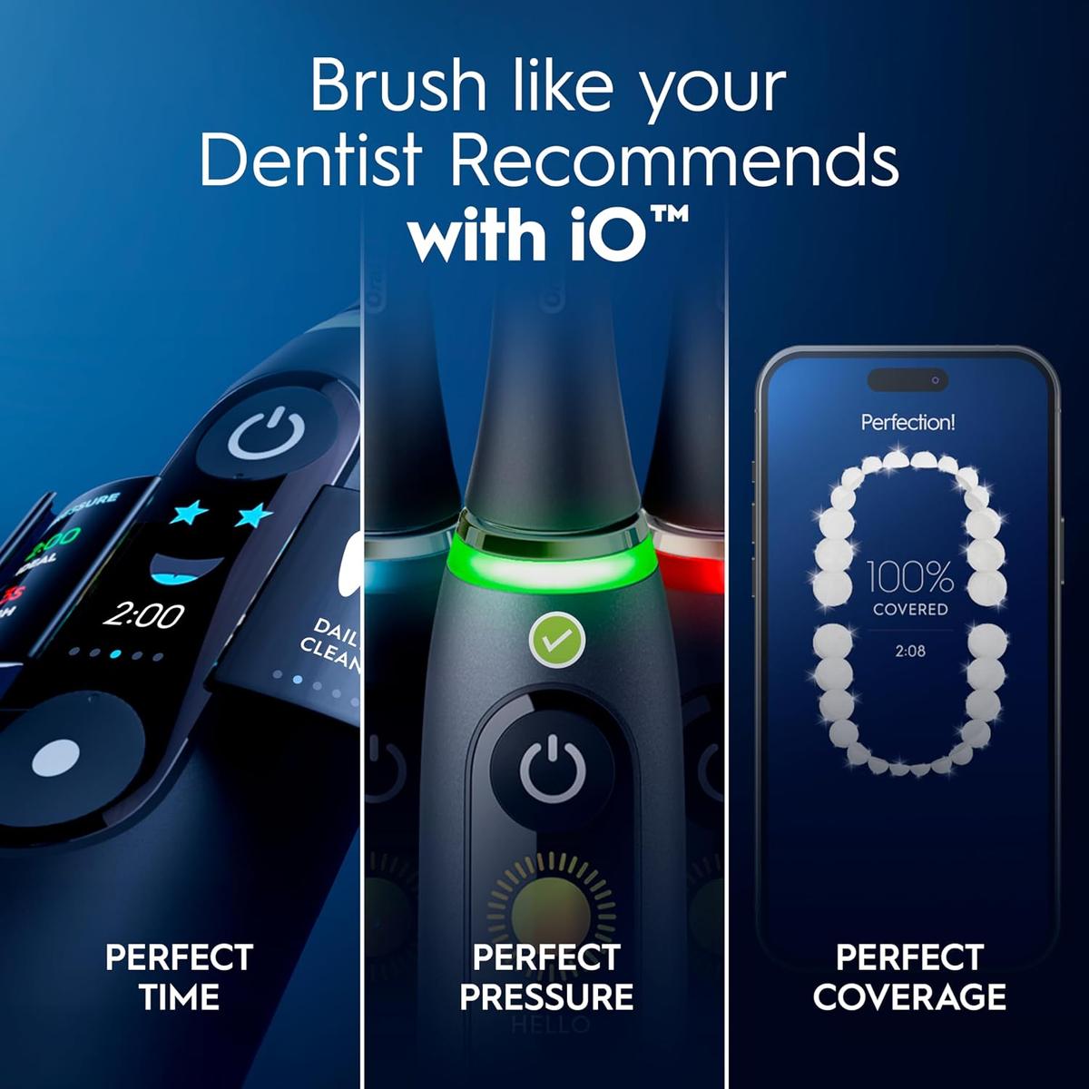 Oral-B iO6 electric toothbrush handles showing interactive displays, pressure sensor lights, and the connected coaching app.