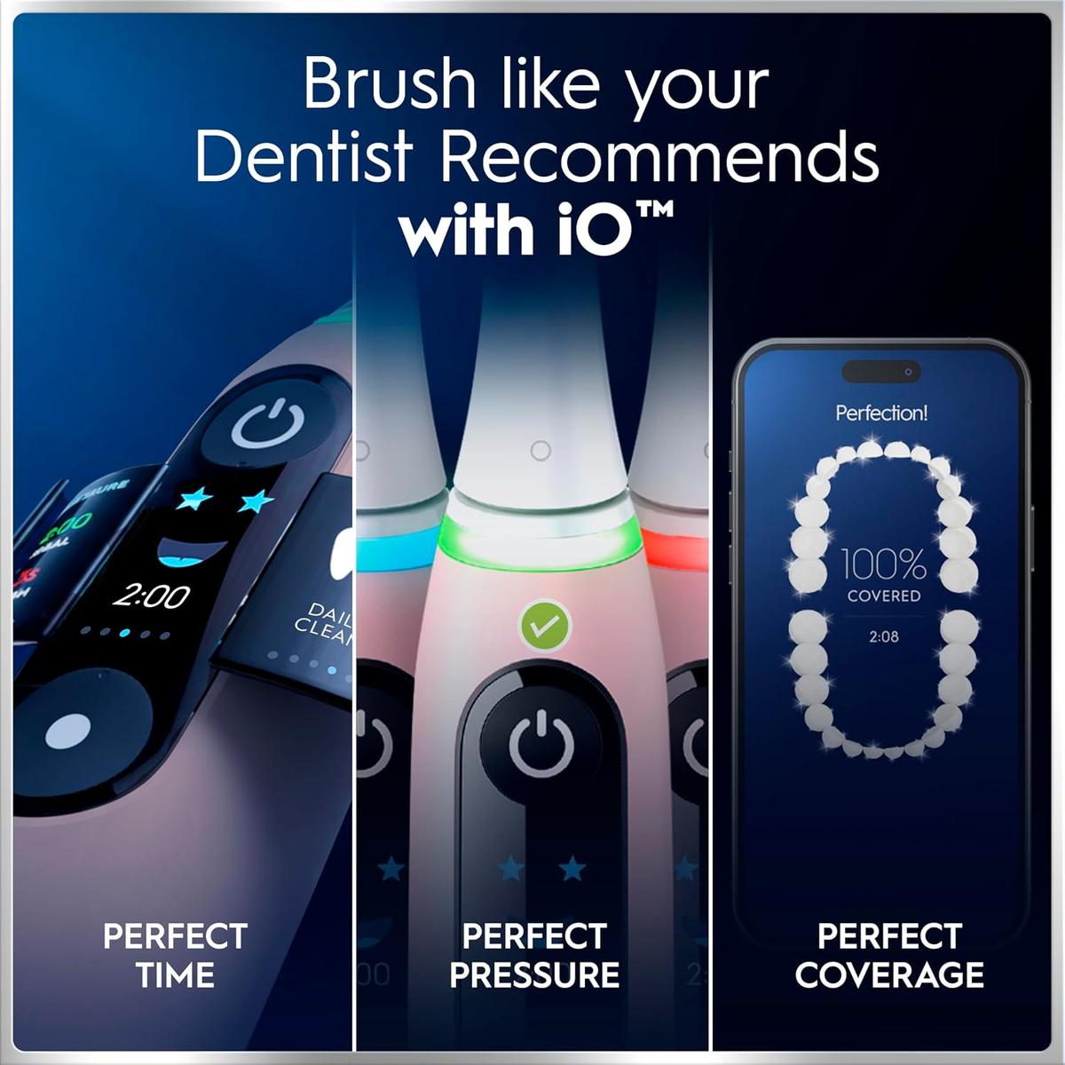 Oral-B iO6 pink electric toothbrush showing interactive display, pressure sensor light, and connected app coverage tracking.