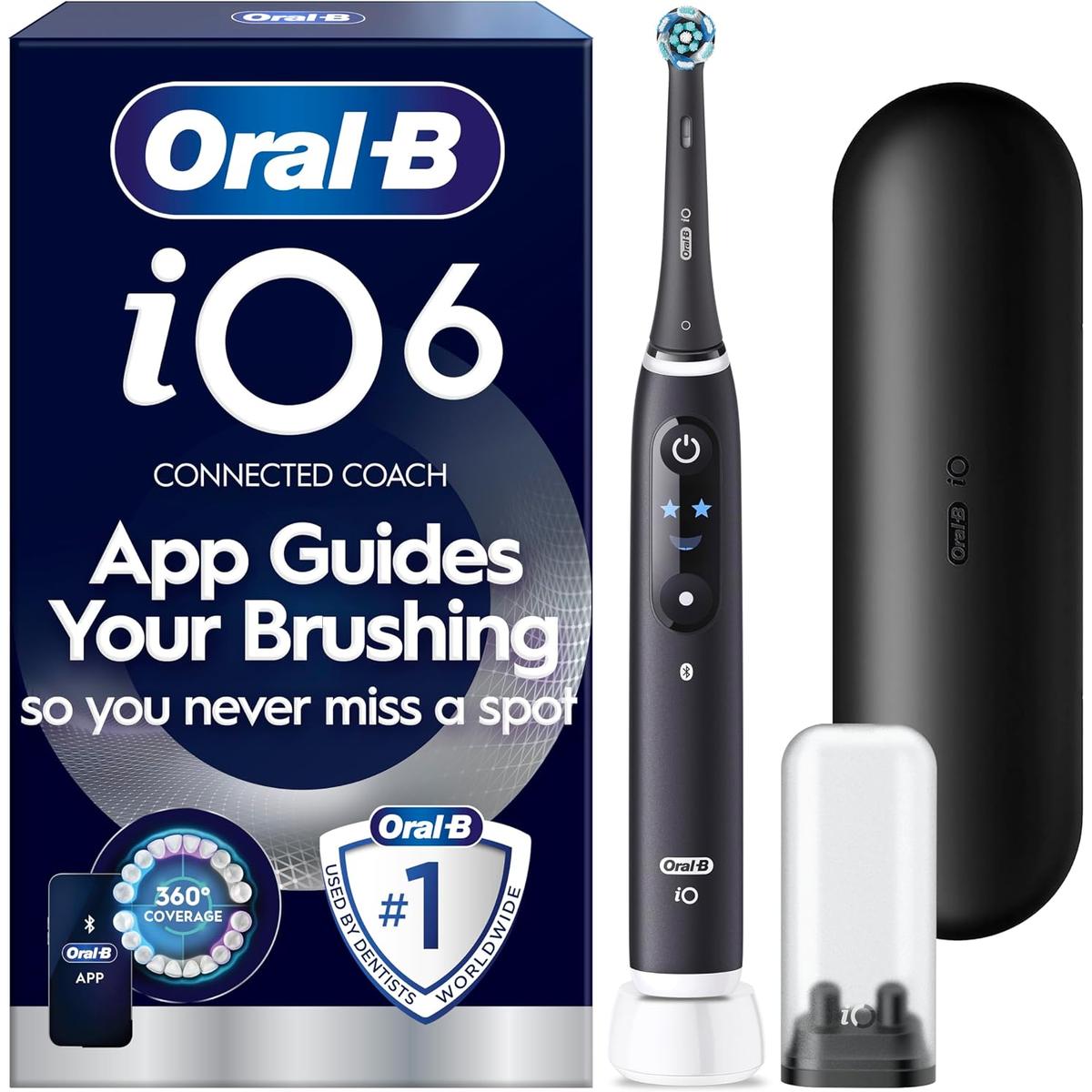 Black Lava Oral-B iO6 electric toothbrush with interactive display, charging base, travel case, and app-connected packaging.