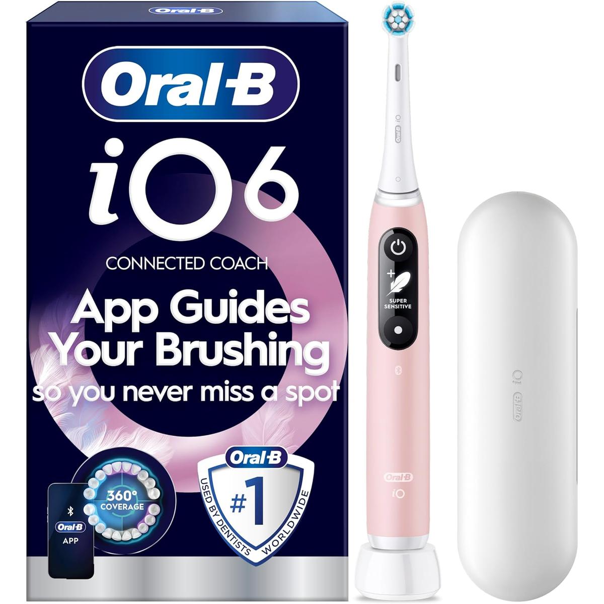 Oral-B iO6 Electric Toothbrushe  with Connected Coach App , 1 Toothbrush Head & Travel Case, 5 Modes with Ultra-Sensitive, Sensitive Edition, UK 2 Pin Plug, Pink Sand