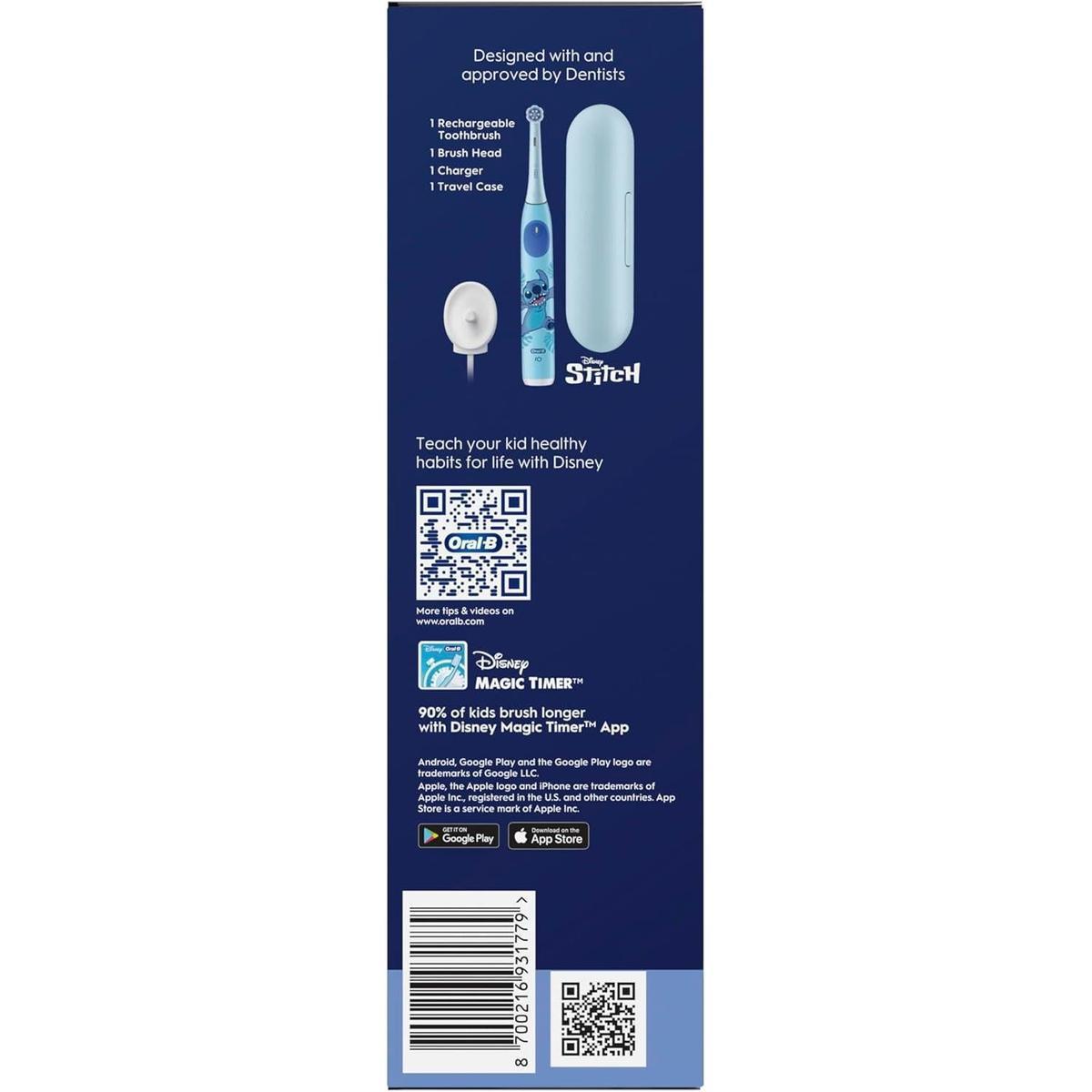 Oral-B iO Kids Stitch electric toothbrush set with blue handle, travel case, charger, and Disney Magic Timer app QR code.