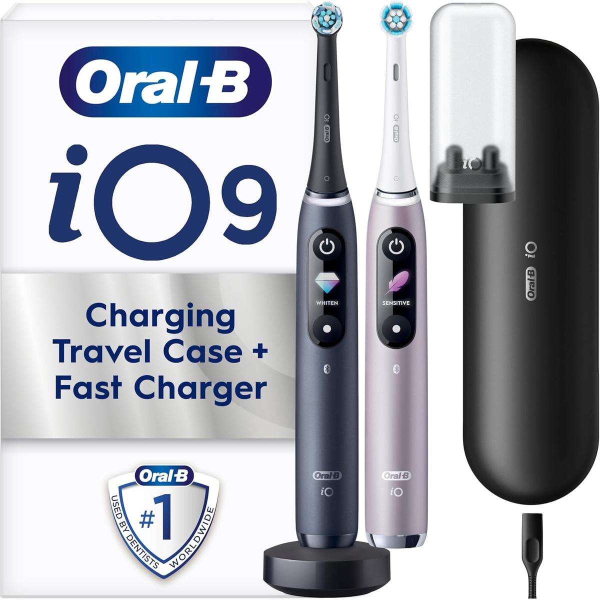 Oral-B iO9 2 x Electric Toothbrushes , 2 Toothbrush Heads & Charging Travel Case, 7 Modes with Teeth Whitening, 2 Pin UK Plug, Black