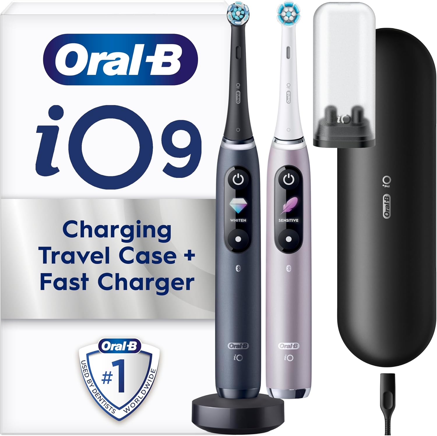 Oral-B iO9 2 x Electric Toothbrushes , Oral B Electric Toothbrushes, Gifts For Women / Men, 2 Toothbrush Heads & Charging Travel Case, 7 Modes with Teeth Whitening, 2 Pin UK Plug, Black