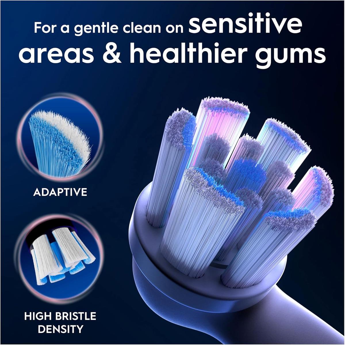 Oral-B iO gentle cleaning brush head with adaptive, high-density white and blue bristles for sensitive teeth and gums.