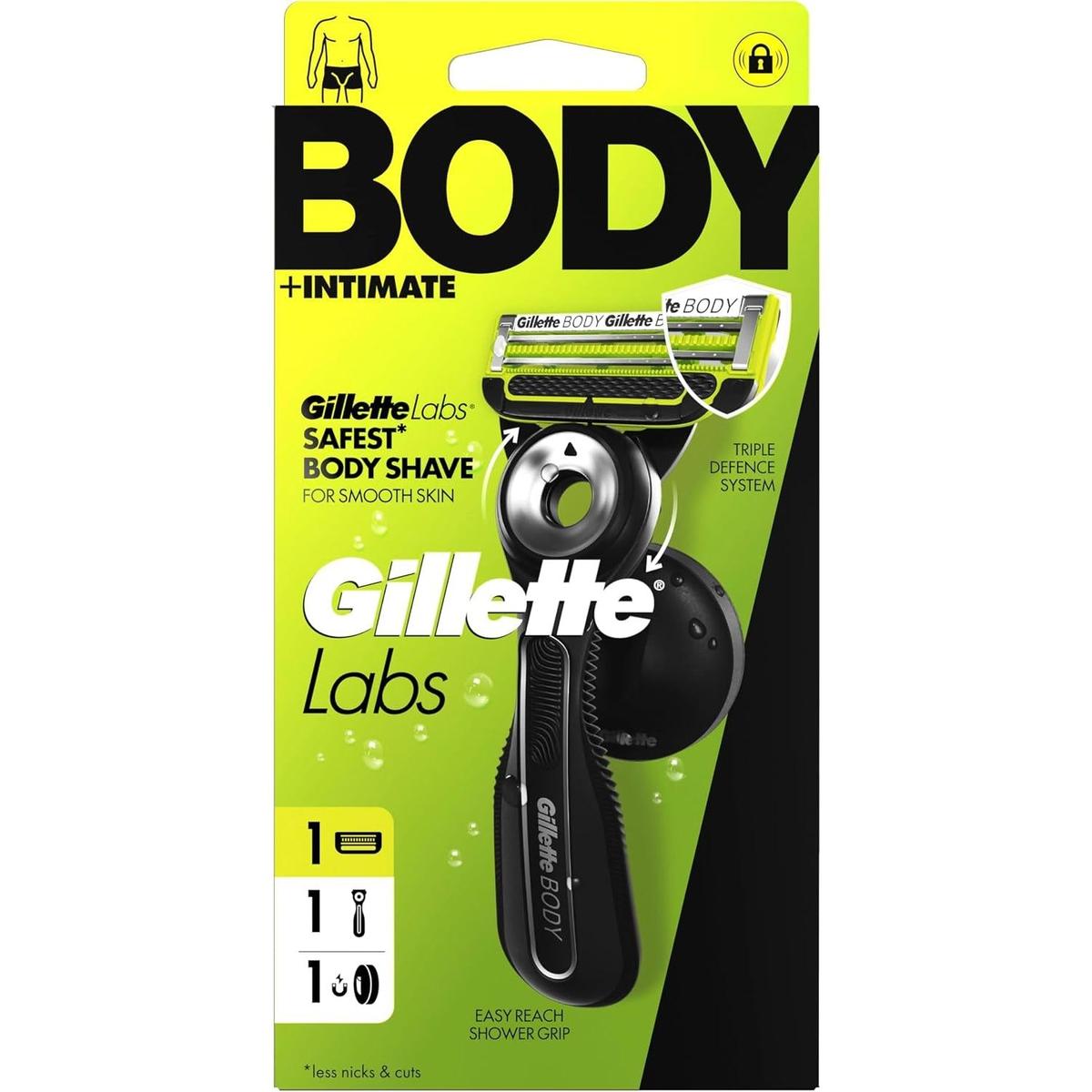 Gillette Labs Body + Intimate razor in black and lime green packaging with a 2D FlexDisc handle and magnetic shower hanger.