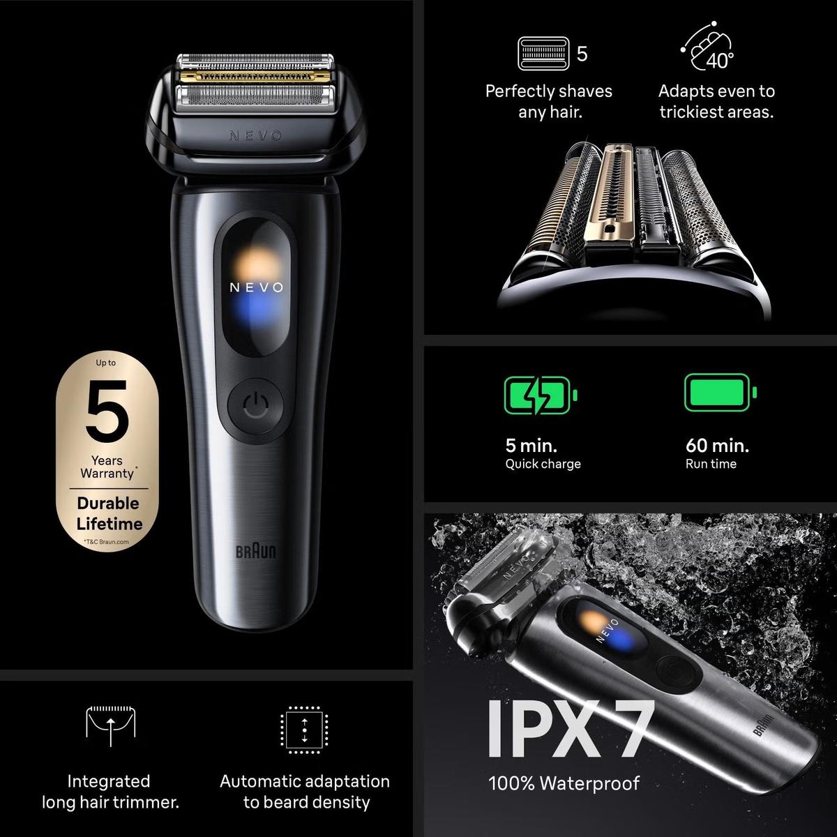 Braun Nevo 17010C Electric Shaver for Men- With Power Case and 7-in-1 Nevo Care System, Graphite