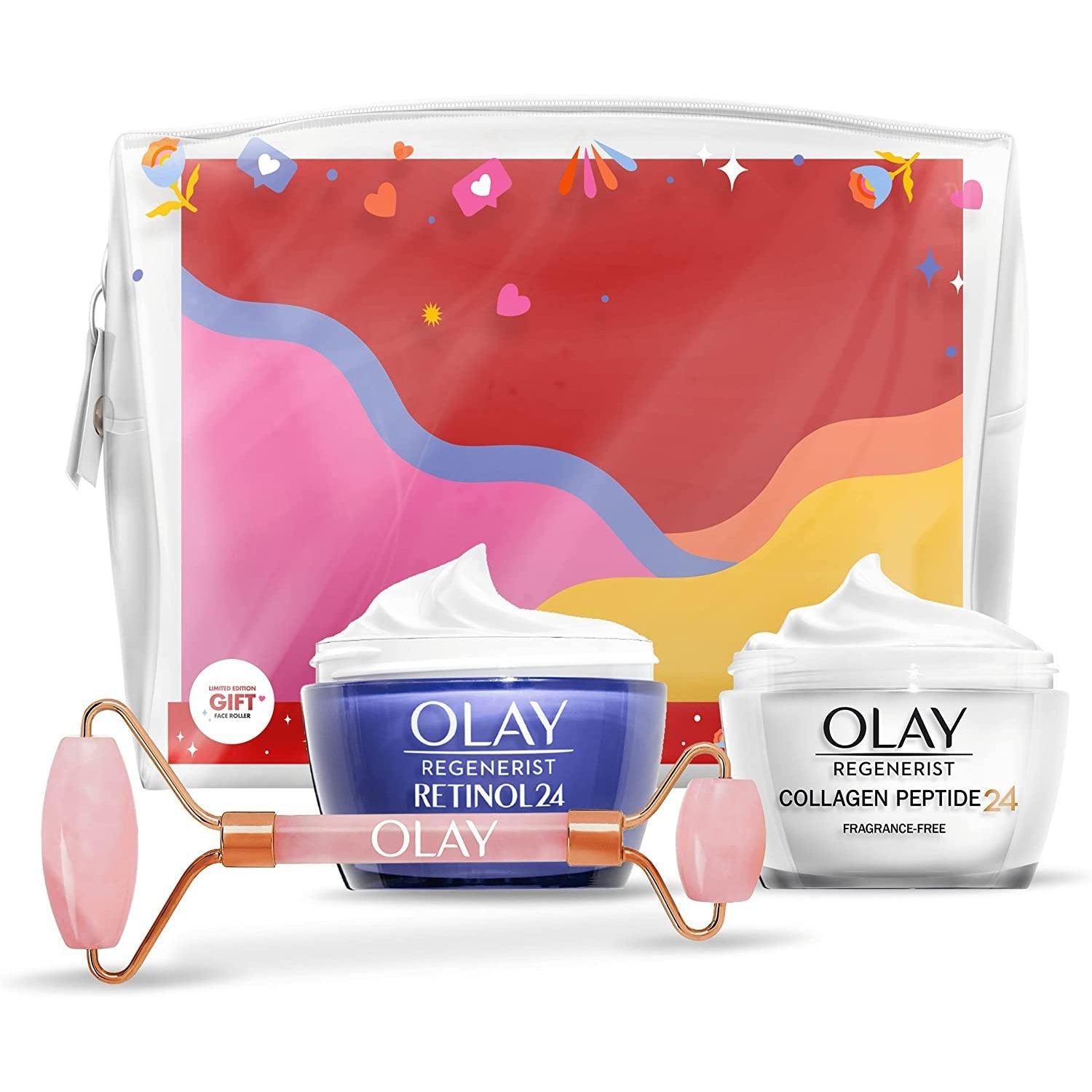 Olay Regenerist Giftset with Collagen Peptide Day 50ml & Retinol 24 50ml Face Night Cream, Face Roller - Healthxpress.ie