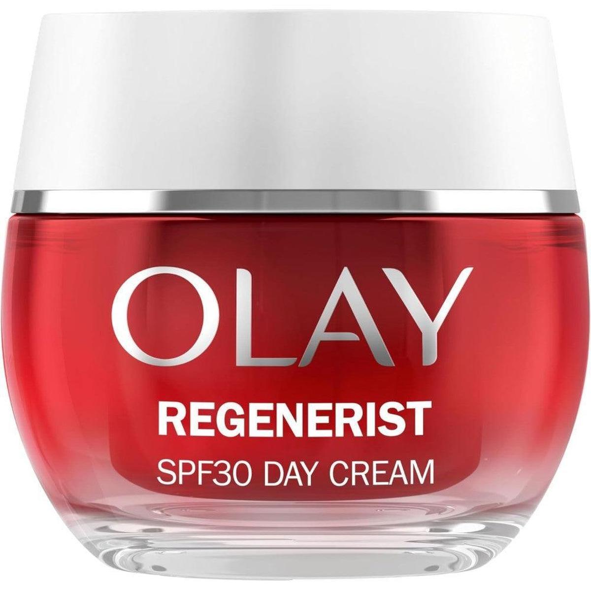 Olay Regenerist SPF30 Day Cream in a red glass jar with a white screw-top lid and silver branding.
