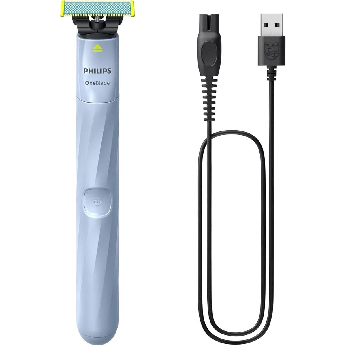 Light blue Philips OneBlade First Shave razor with a green-edged blade and a black USB charging cable on a white background.
