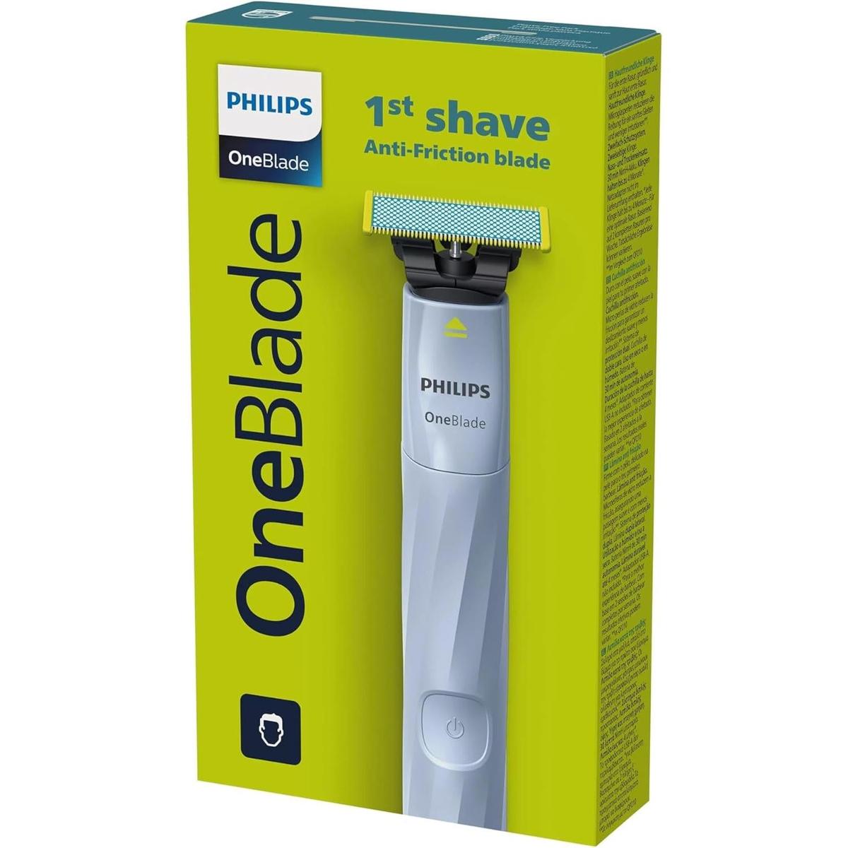 Philips OneBlade First Shave razor in light blue, featuring an anti-friction blade on a lime green product packaging box.