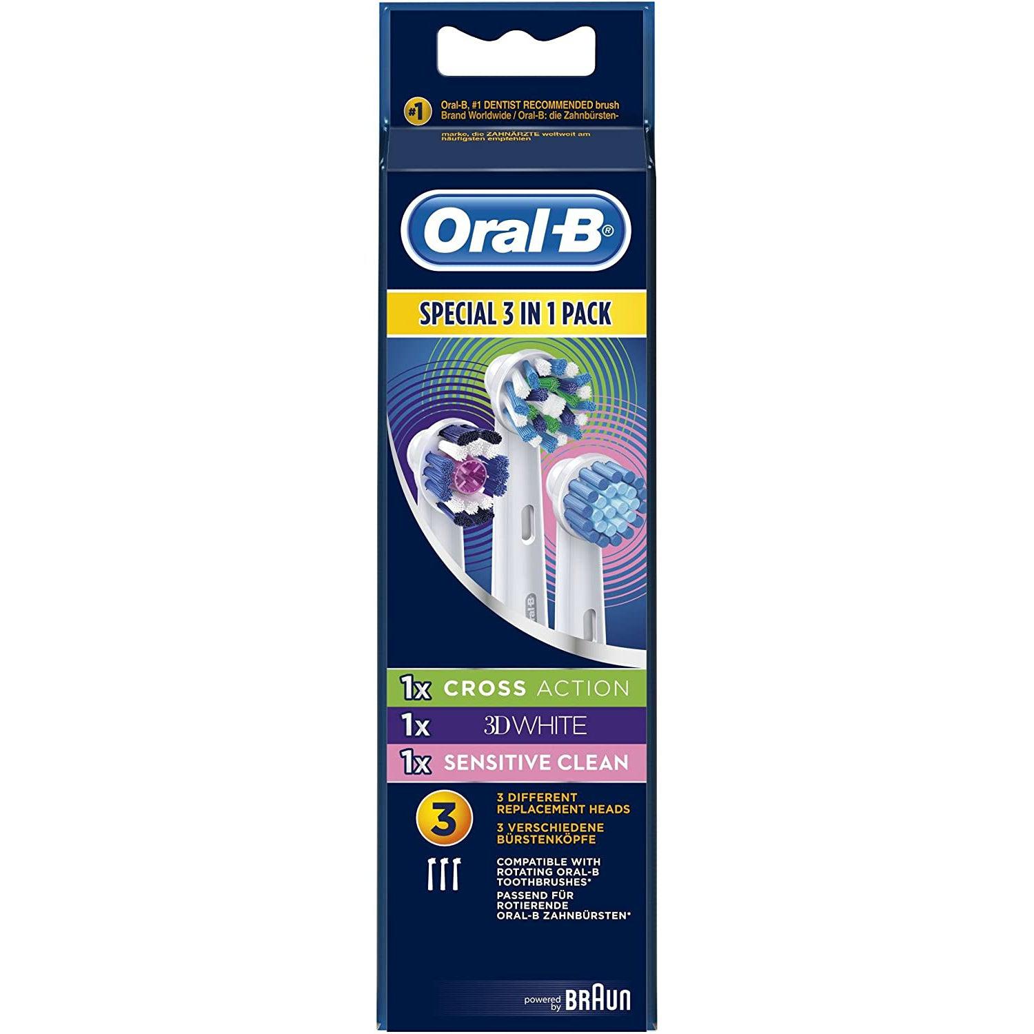 Oral-B Multipack 3 in 1 Replacement Brush Heads, Cross Action, Sensitive, 3DWhite (Pack of 3) - Healthxpress.ie