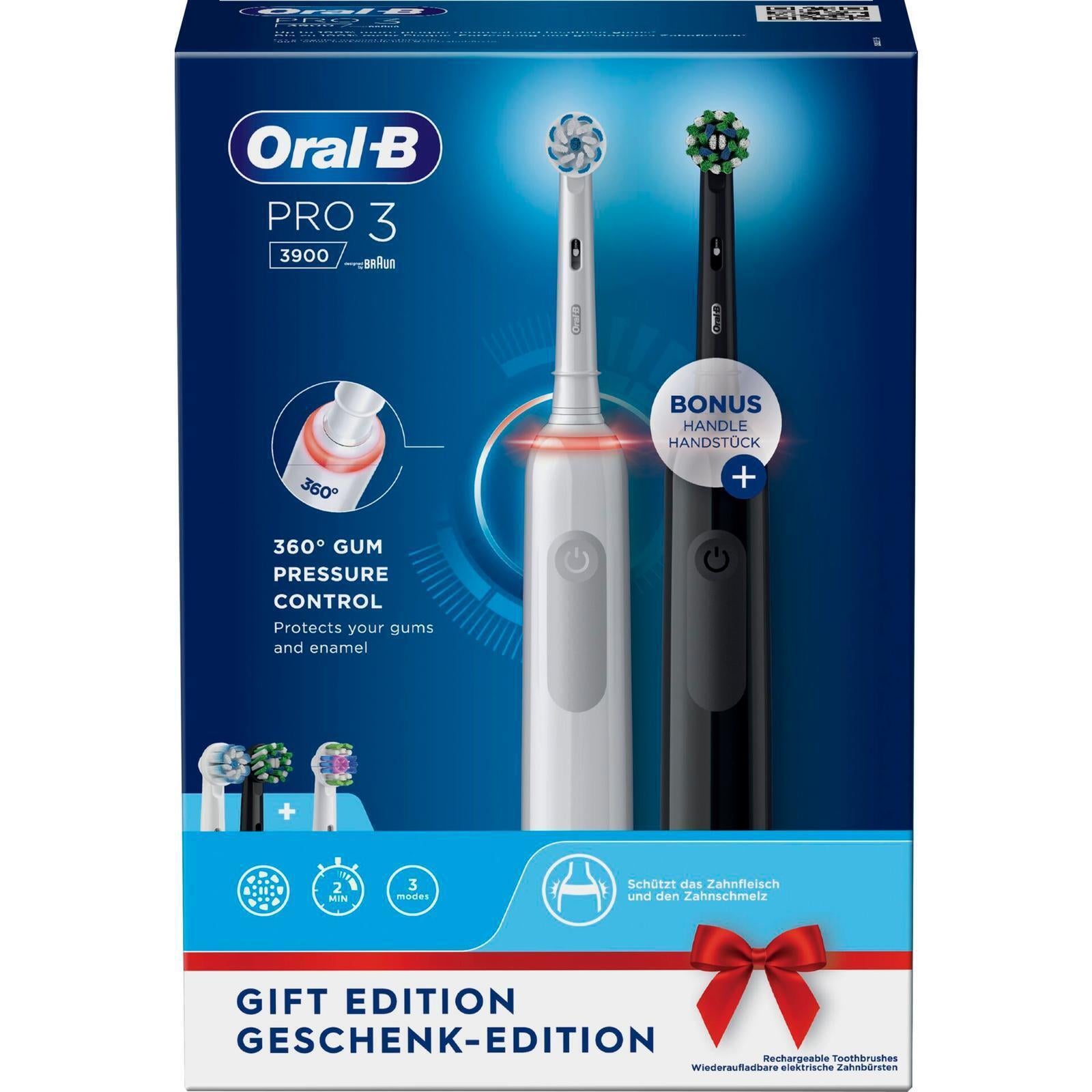 Oral-B Pro 3 - 3900 - Set of 2 Electric Toothbrushes White & Black, 2 Handles with Visible Pressure Sensor, 2 Toothbrush Heads - Healthxpress.ie