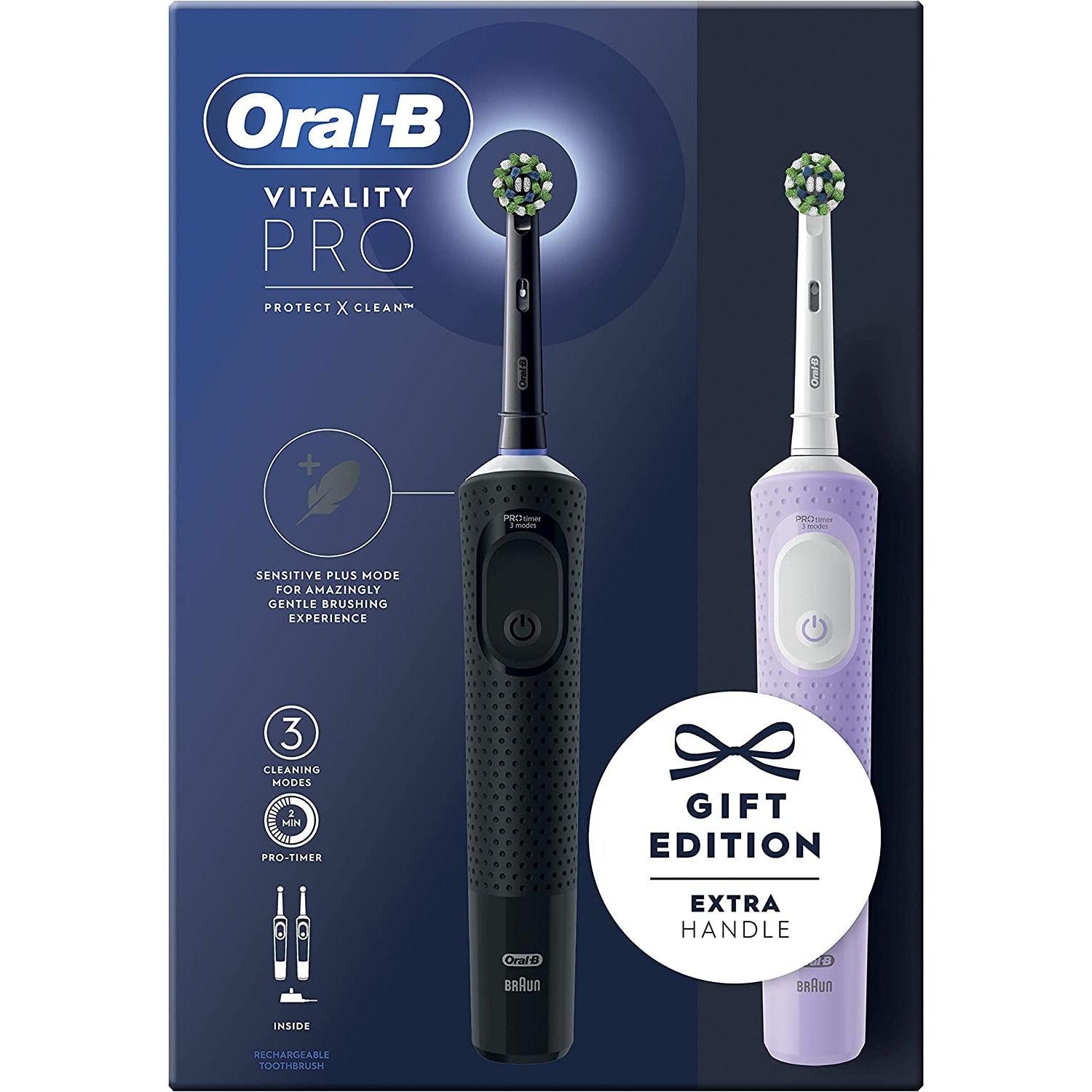 Oral-B Vitality Pro 2 x Electric Toothbrushes, 2 Toothbrush Heads, 3 Brushing Modes Including Sensitive Plus - Black & Purple - Healthxpress.ie