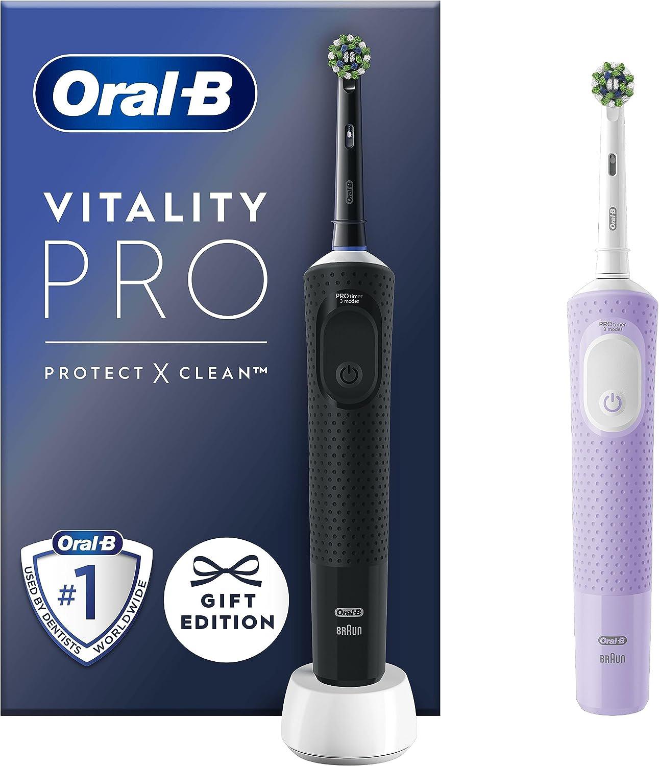 Oral-B Vitality Pro 2 x Electric Toothbrushes, 2 Toothbrush Heads, 3 Brushing Modes Including Sensitive Plus - Black & Purple