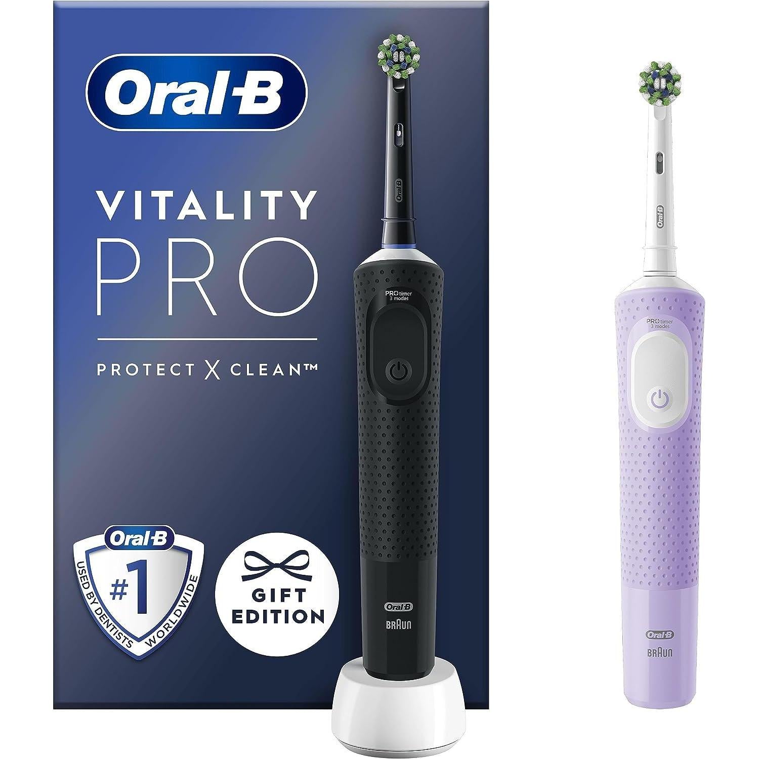 Oral-B Vitality Pro 2 x Electric Toothbrushes, 2 Toothbrush Heads, 3 Brushing Modes Including Sensitive Plus - Black & Purple