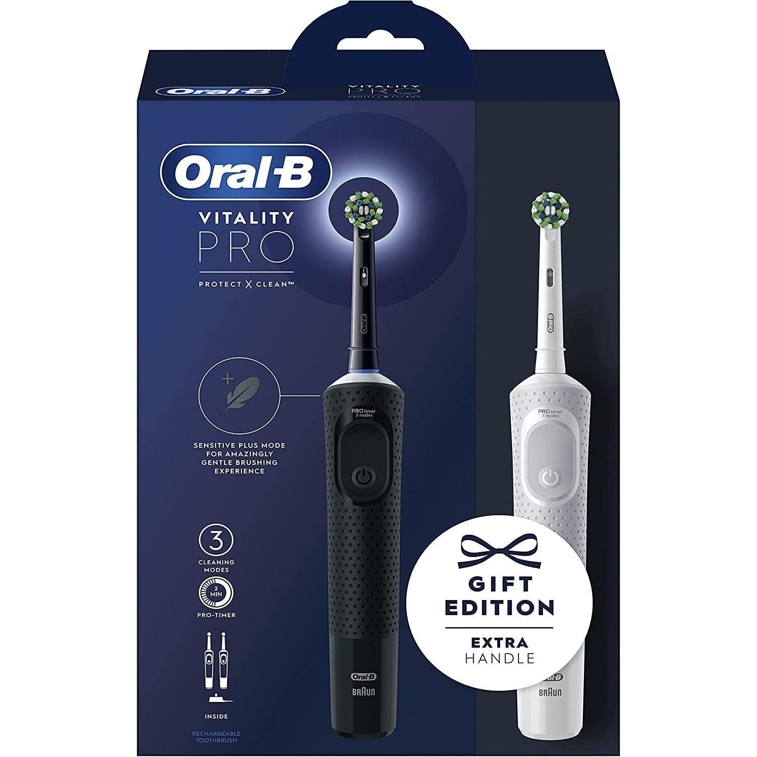 Oral-B Vitality Pro 2 x Electric Toothbrushes, 2 Toothbrush Heads, 3 Brushing Modes Including Sensitive Plus - Black & White - Healthxpress.ie