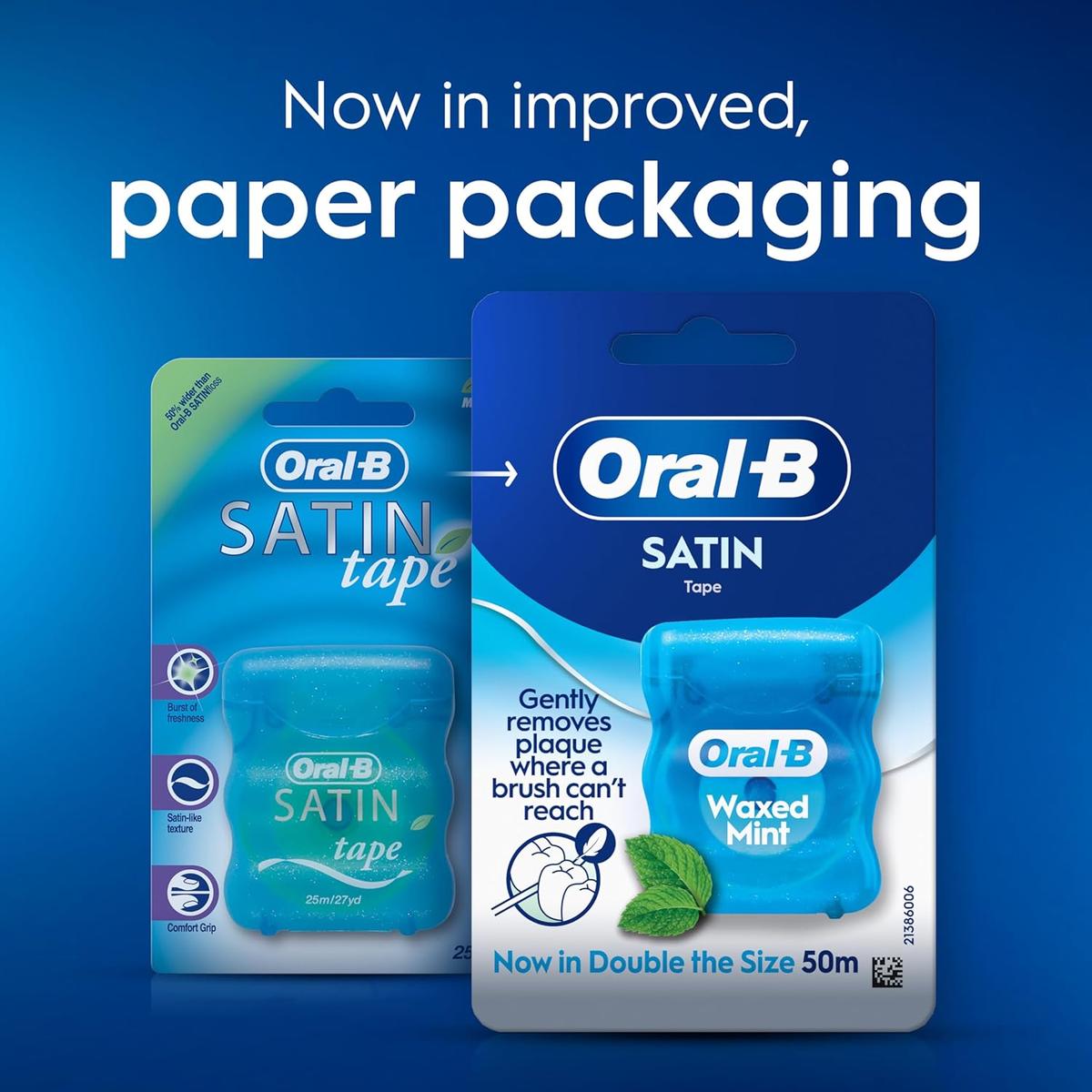 Oral-B Satin Tape Dental Floss - Comfort Grip, Easy Use - Cool Mint, 50M - New Bigger Size