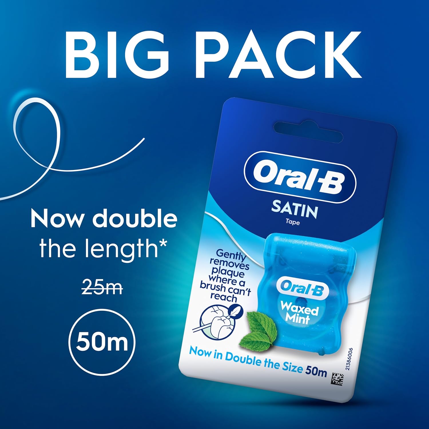 Oral-B Satin Tape Dental Floss - Comfort Grip, Easy Use - Cool Mint, 50M - New Bigger Size