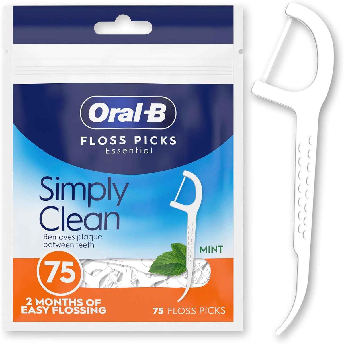 Oral-B Simply Clean Floss Picks - Remove Plaque - Interdental Flossing Sticks for Tight Spaces - Mint Flavour - 75 Sticks per Pack