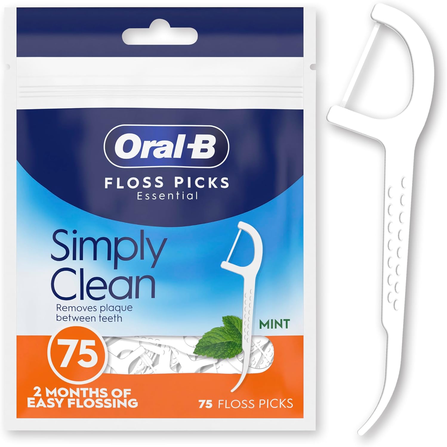 Oral-B Simply Clean Floss Picks - Remove Plaque - Interdental Flossing Sticks for Tight Spaces - Mint Flavour - 75 Sticks per Pack
