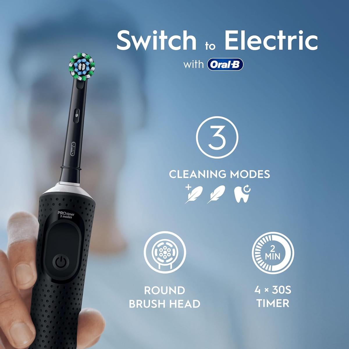 Black Oral-B Vitality Pro electric toothbrush with round brush head, three cleaning modes, and integrated two-minute timer.
