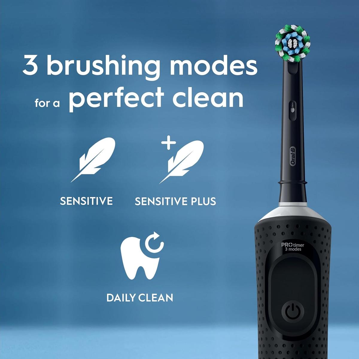 Black Oral-B Vitality Pro electric toothbrush showing three brushing modes: Daily Clean, Sensitive, and Sensitive Plus.