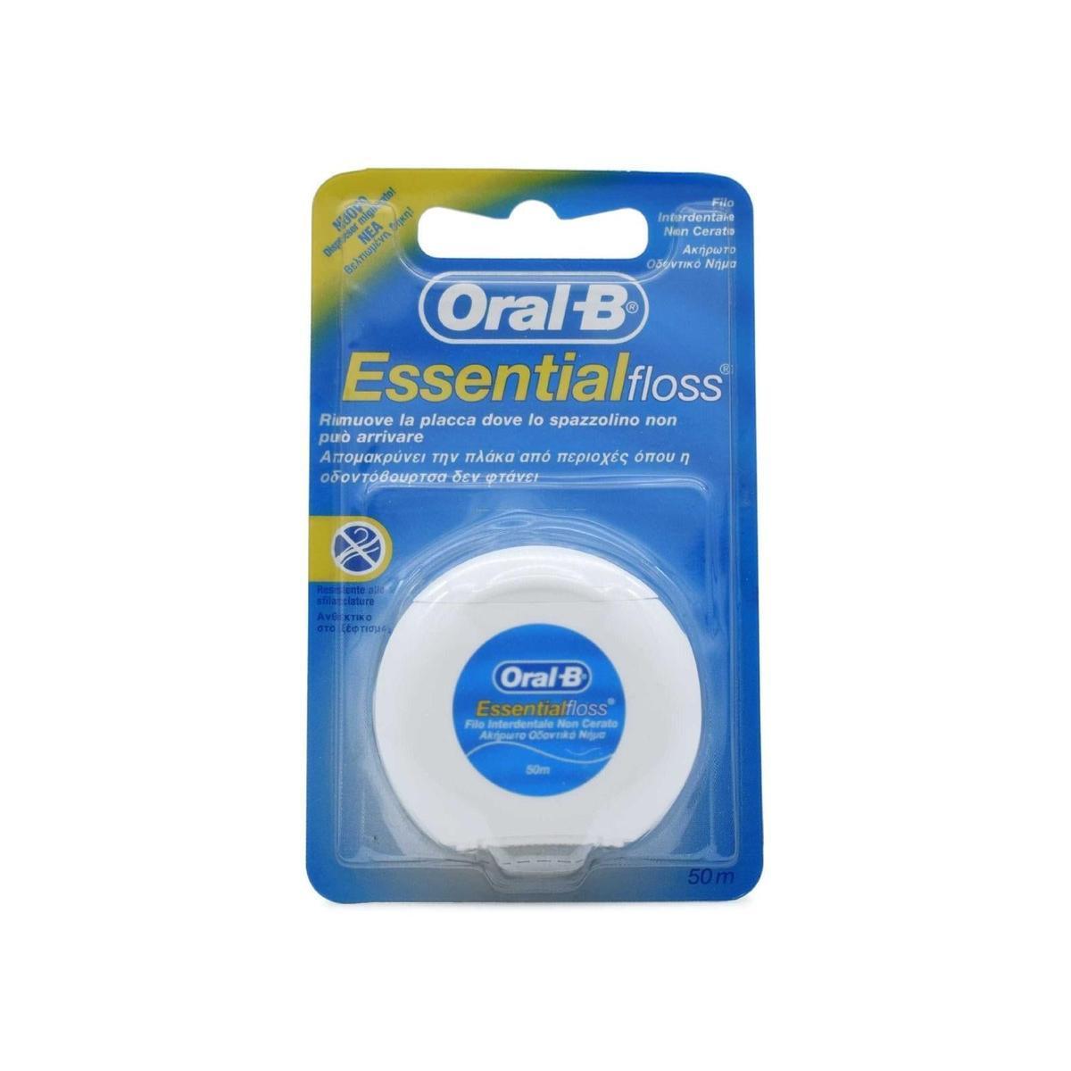 Oral-B Essential Floss 50m unwaxed dental floss in a white round dispenser on blue and yellow blister card packaging.