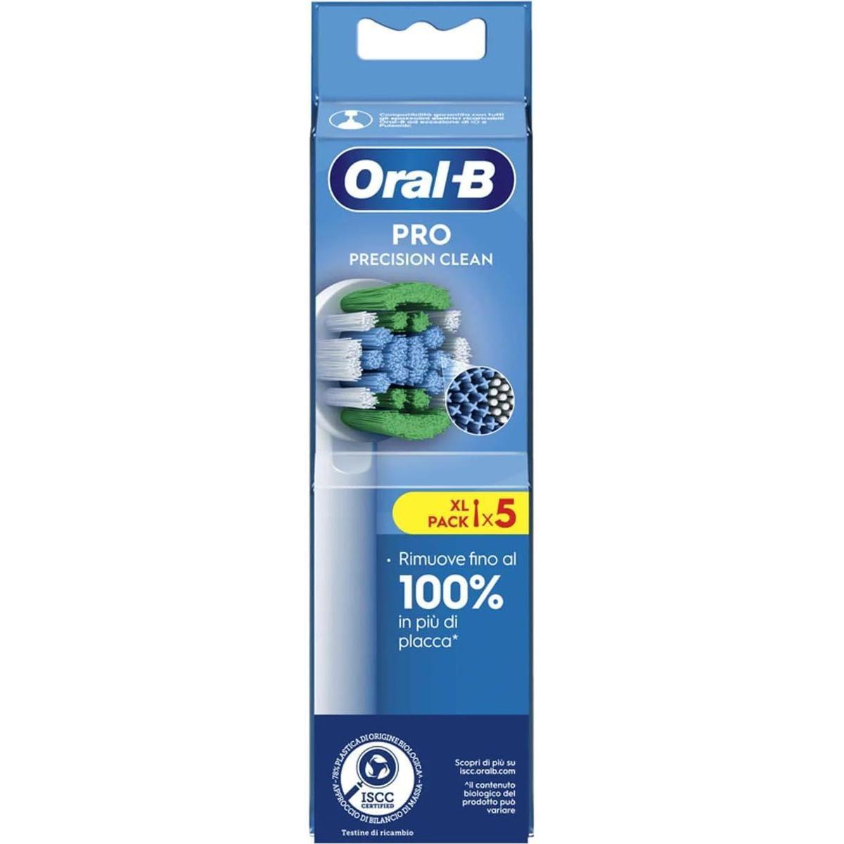 Oral-B Precision Clean replacement brush heads in a 5-pack box with green and blue CleanMaximiser bristles.