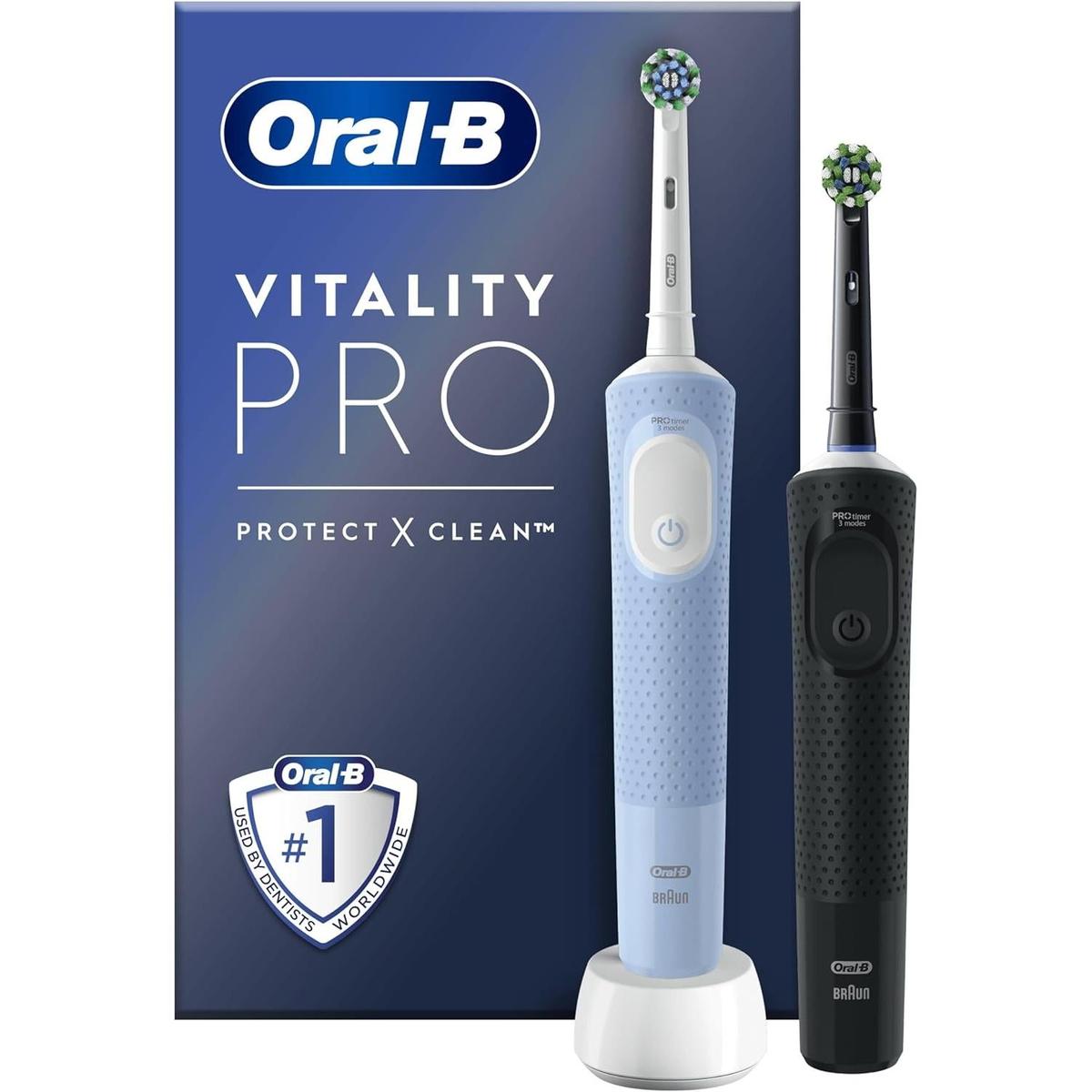 Oral-B Vitality Pro electric toothbrushes in black and light blue with round brush heads and a white charging base.
