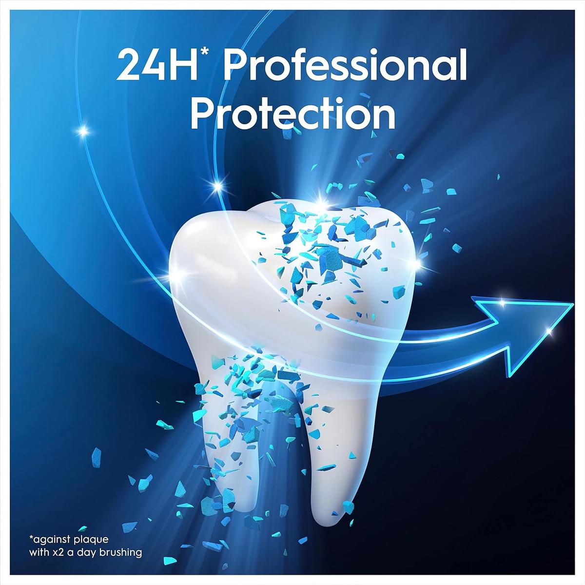 A white tooth surrounded by blue protective shield graphics and text reading 24H Professional Protection against plaque.