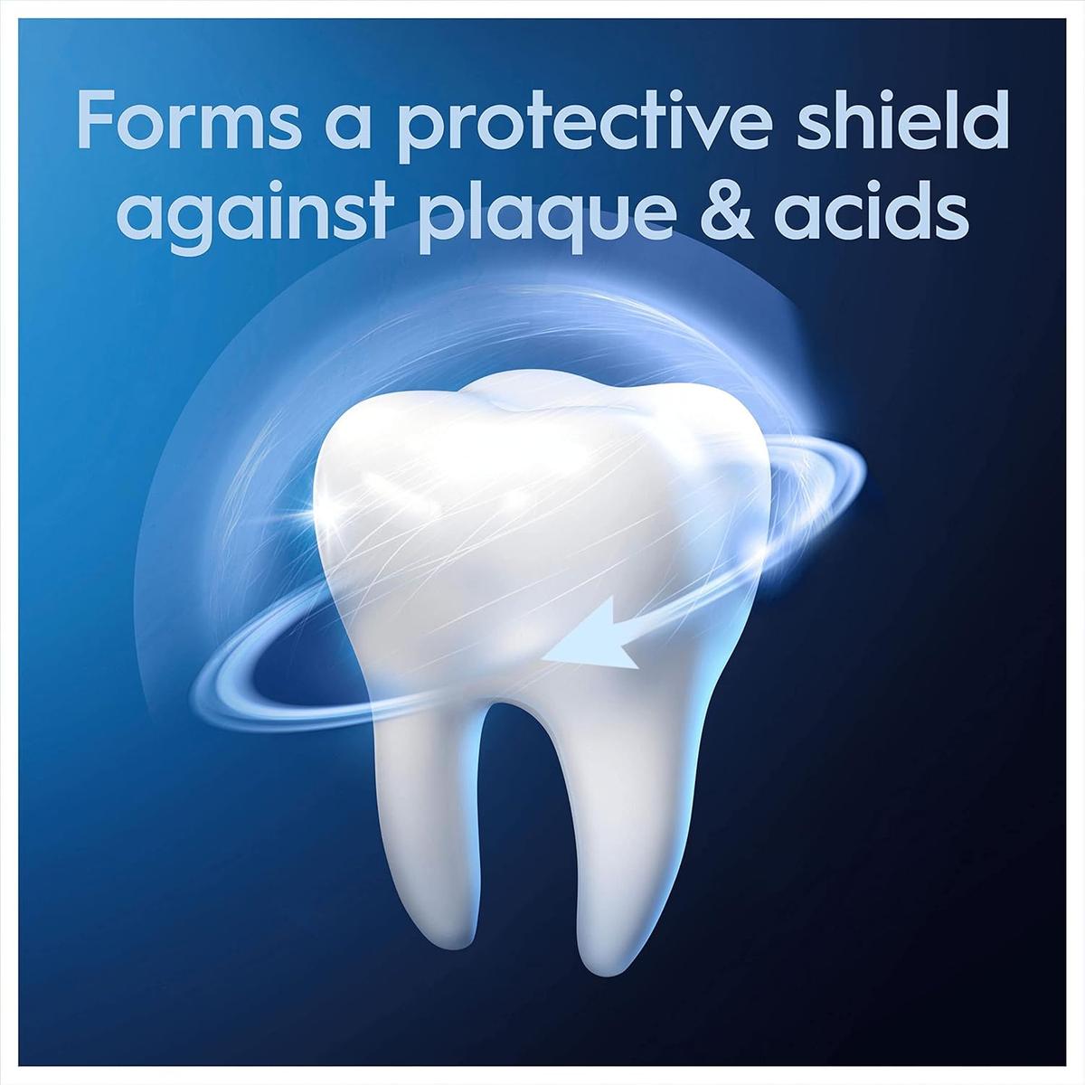 White tooth icon on a blue background with a glowing protective shield graphic and text about plaque and acid protection.