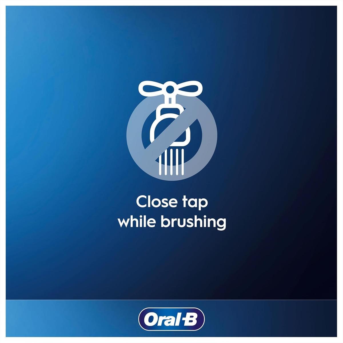 White icon of a faucet with a strike-through symbol on a dark blue background with the text Close tap while brushing and Oral-B logo.