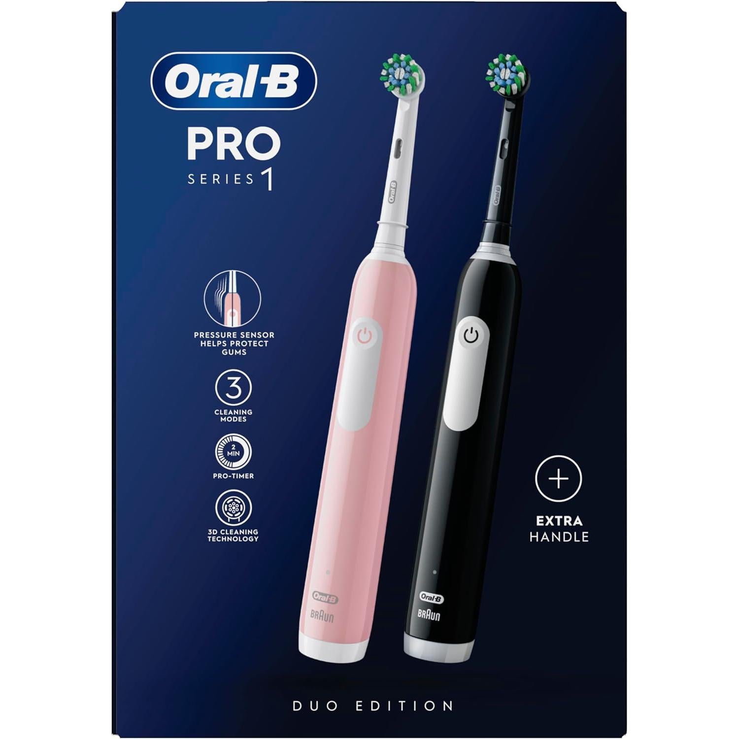Oral-B Pro 1 --- 2 x Electric Toothbrushes For Adults, Oral B Electric Toothbrush, With 3D Cleaning, Pink & Black