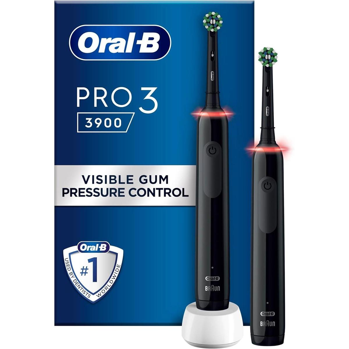 Oral-B Pro 3 - 3900 - Set of 2 Electric Toothbrushes Black, 2 Handles with Visible Pressure Sensor, 2 Toothbrush Heads - Healthxpress.ie
