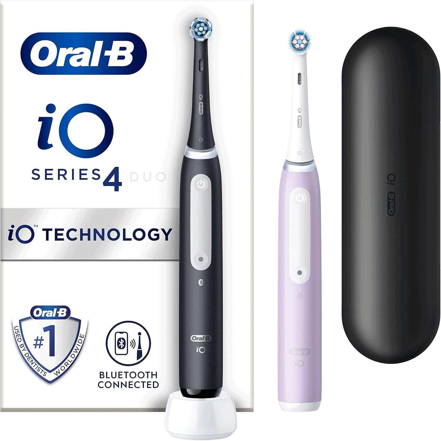 Oral-B iO4 2 x Electric Toothbrushes For Adults, 2 Toothbrush Heads, Travel Case, Black & Lavender