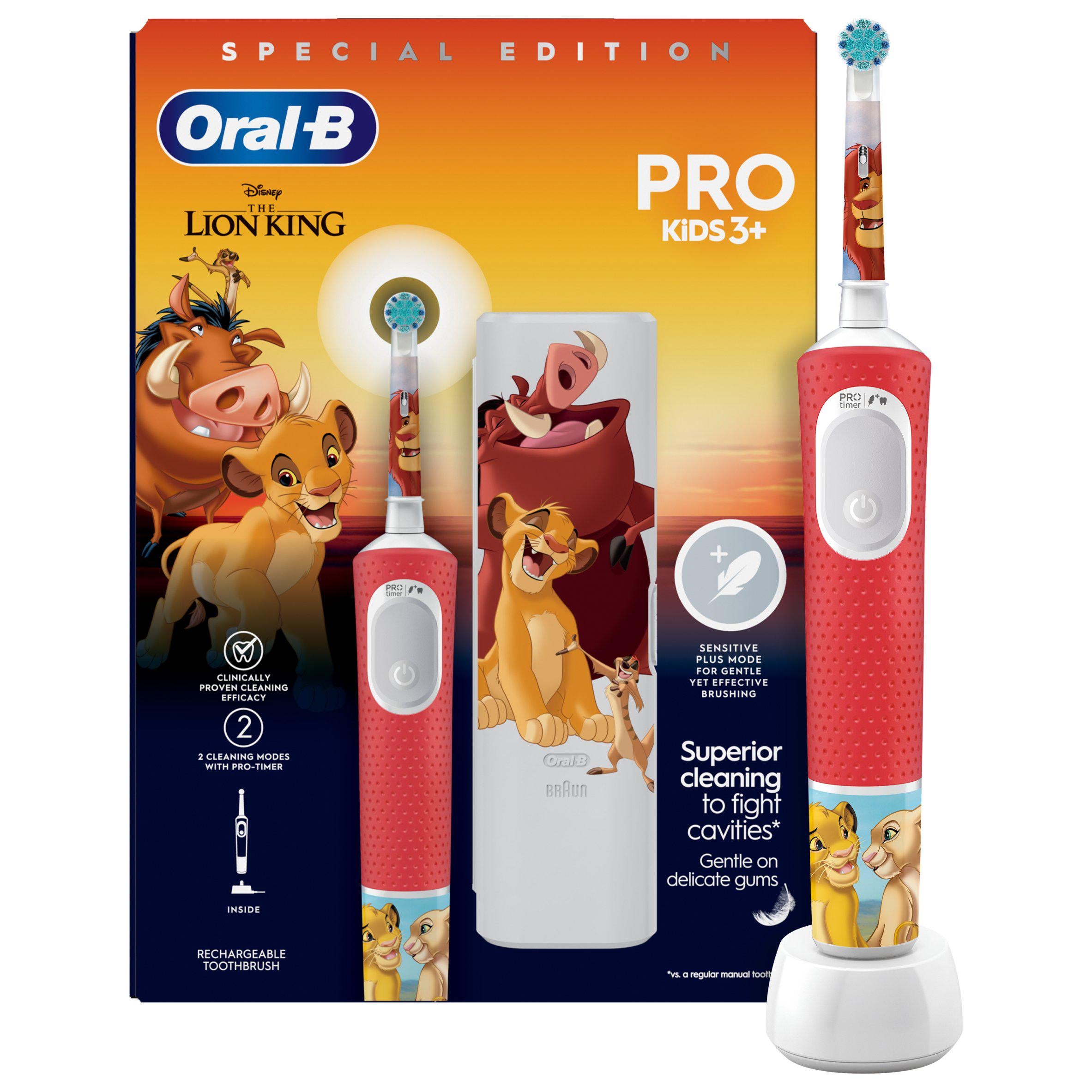 Oral-B Pro Lion King Kids Electric Toothbrush with Travel Case For Ages 3+ - Red