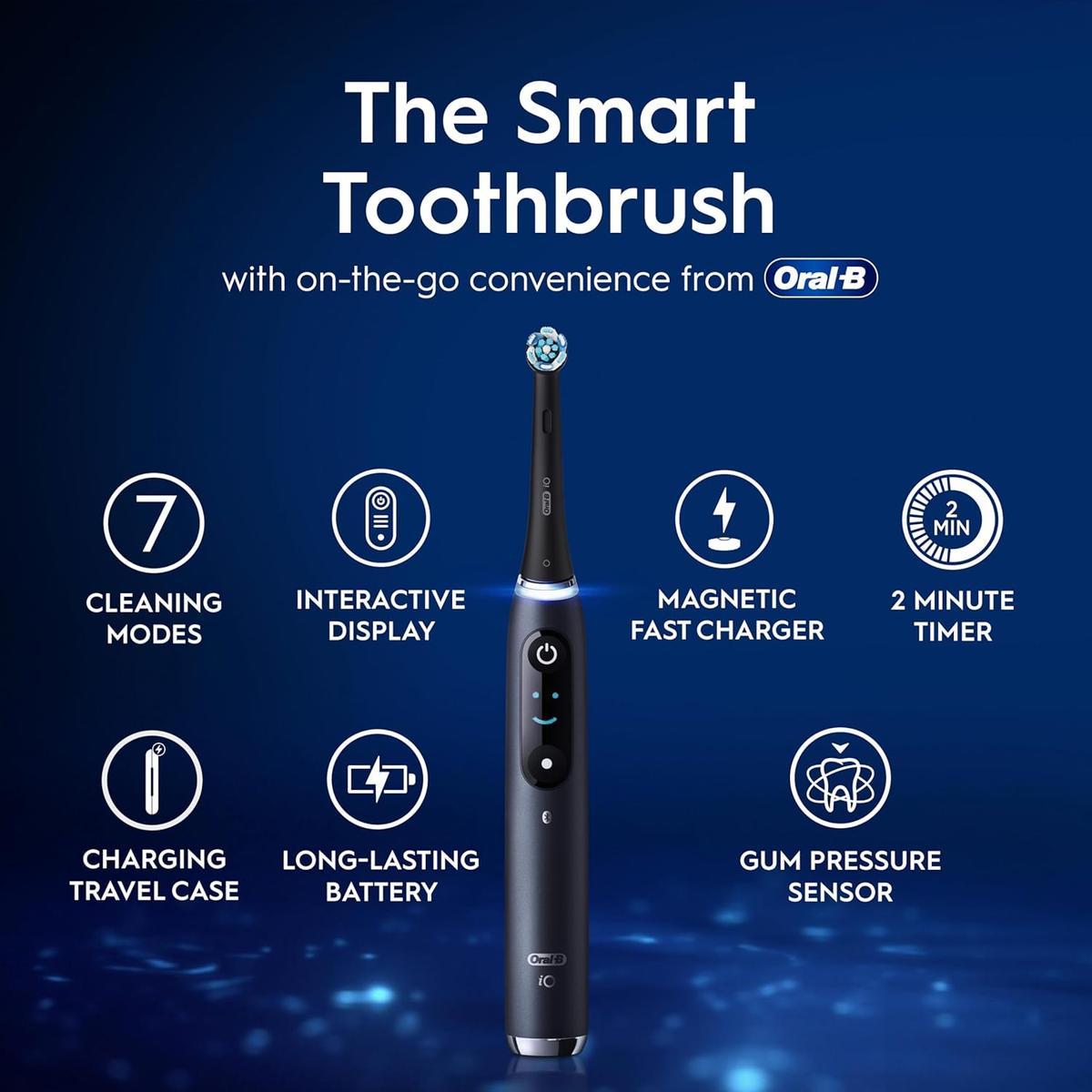Black Onyx Oral-B iO9 electric toothbrush featuring an interactive display, seven cleaning modes, and magnetic charging.
