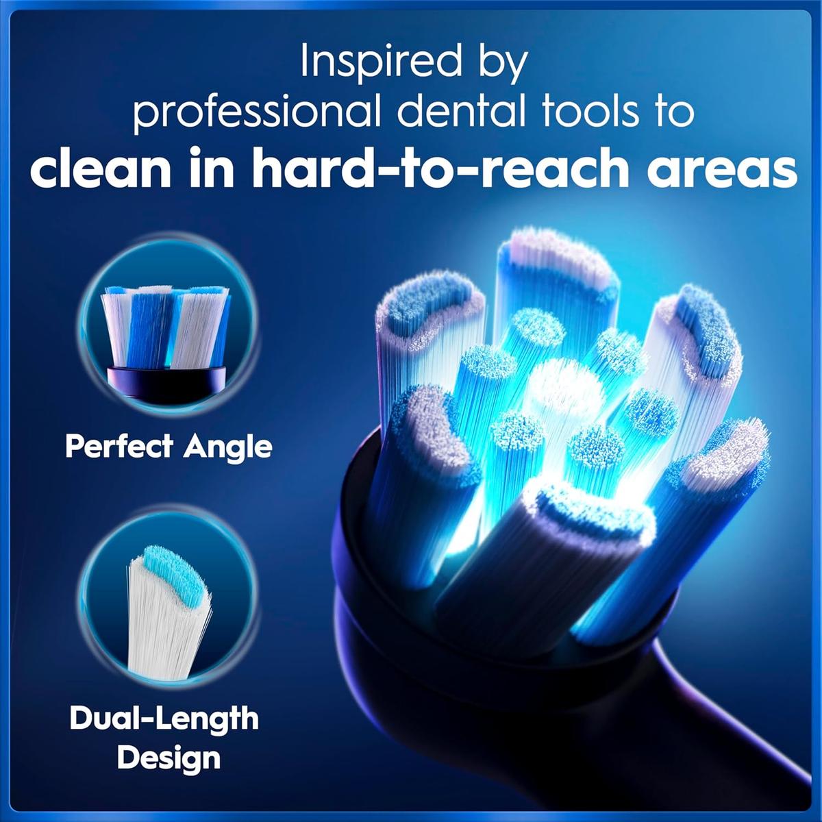 Oral-B iO9 round brush head with blue and white dual-length bristles for professional cleaning and hard-to-reach areas.